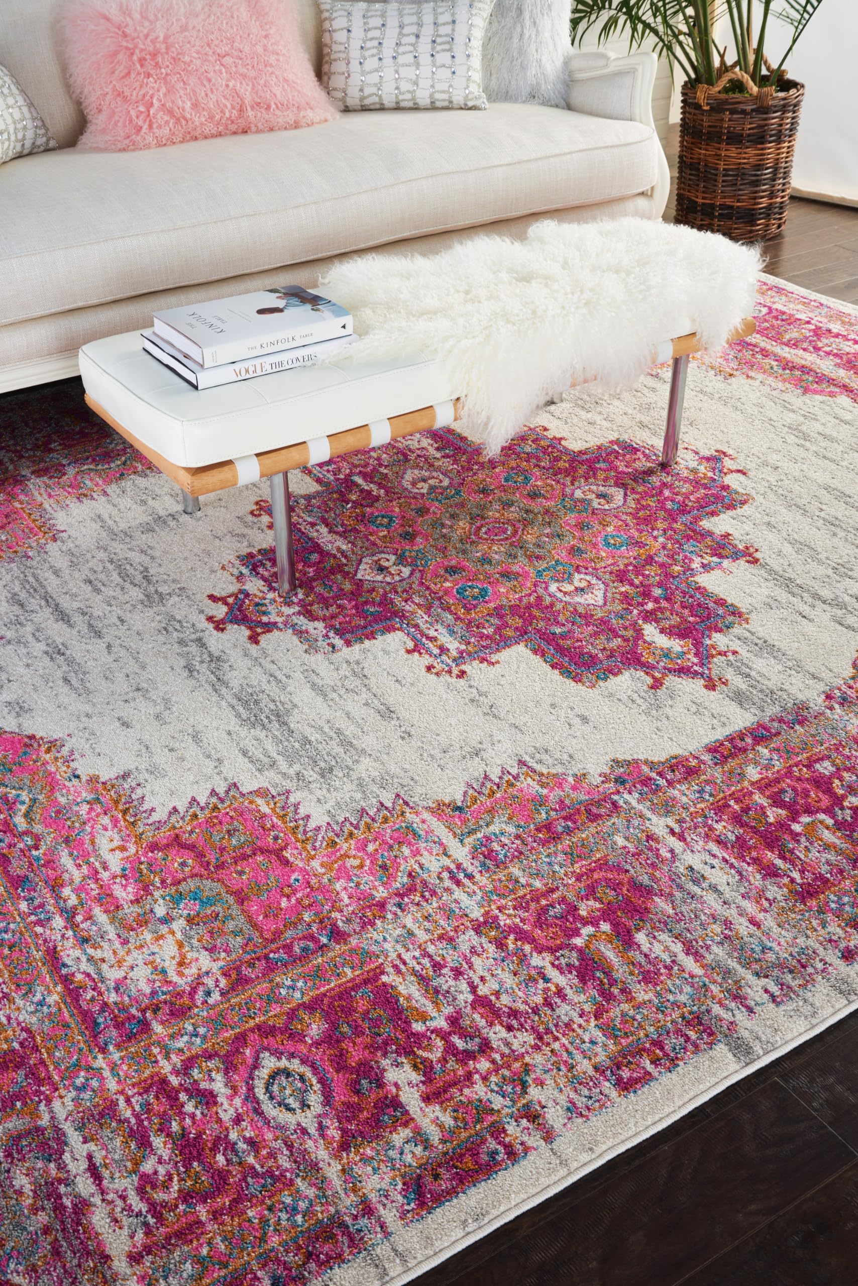 Nourison Passion Ivory/Fuchsia 12' x 15' Area Rug - Boho Traditional Design, Easy Cleaning, Non-Shedding - Perfect for Bedroom, Living Room & Hallway (12x15) | Cozy Home Decor & Floor Protection