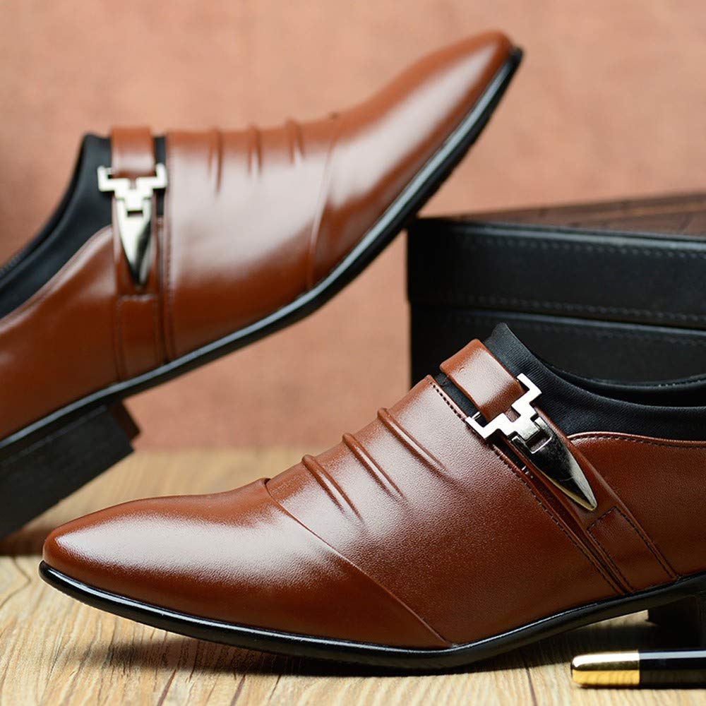 IQYU Men's Lightweight Leather Moccasin Shoes - British Style Pointed Toe Formal Dress Shoes for Wedding & Business - Comfortable Safety Shoes for Office, Party & Special Occasions