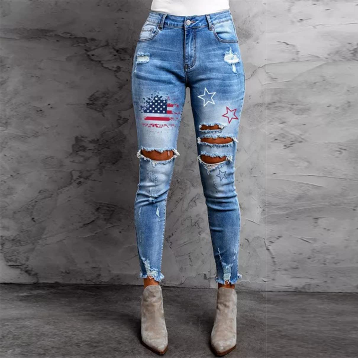 4th of July American Flag Distressed Ankle Skinny Jeans for Women - Patriotic Stretch Denim Pants for Independence Day Celebrations & Casual Outfits