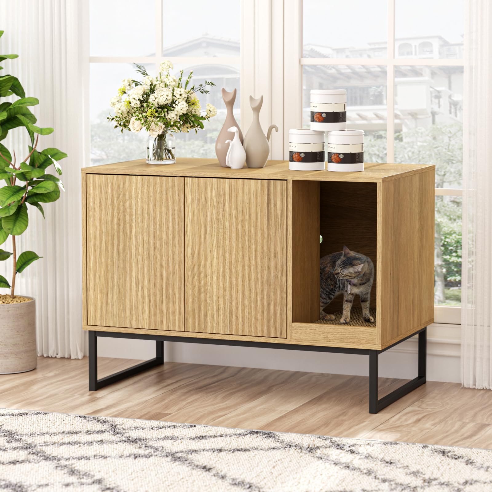 Modern Cat Litter Box Enclosure Furniture - Hidden Fluted Design with Scratch Pad & Sturdy Metal Legs, 31.5