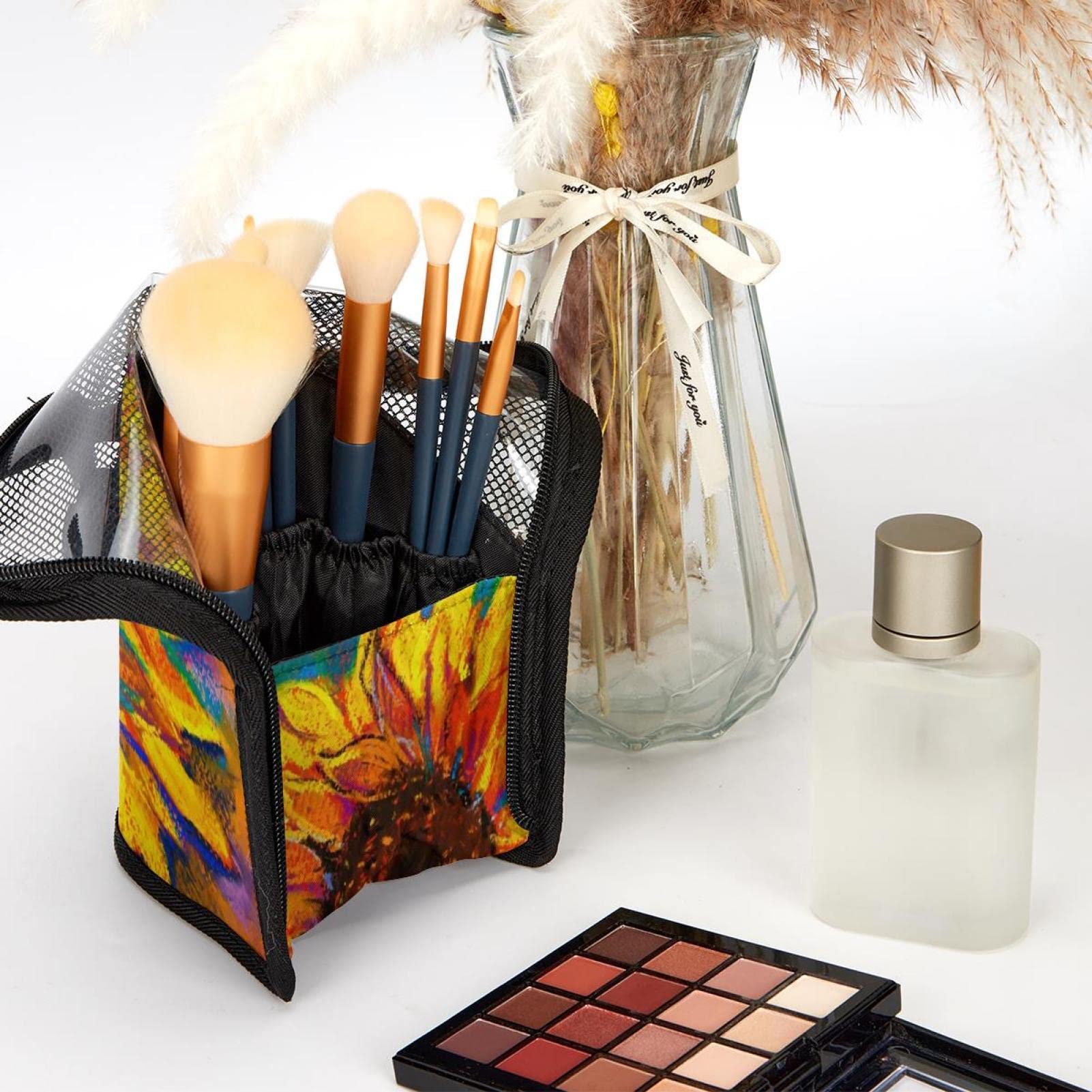 12-Piece Watercolor Sunflower Makeup Brush Organizer Bag – Portable Cosmetic Brush Holder Case for Travel & Home Storage