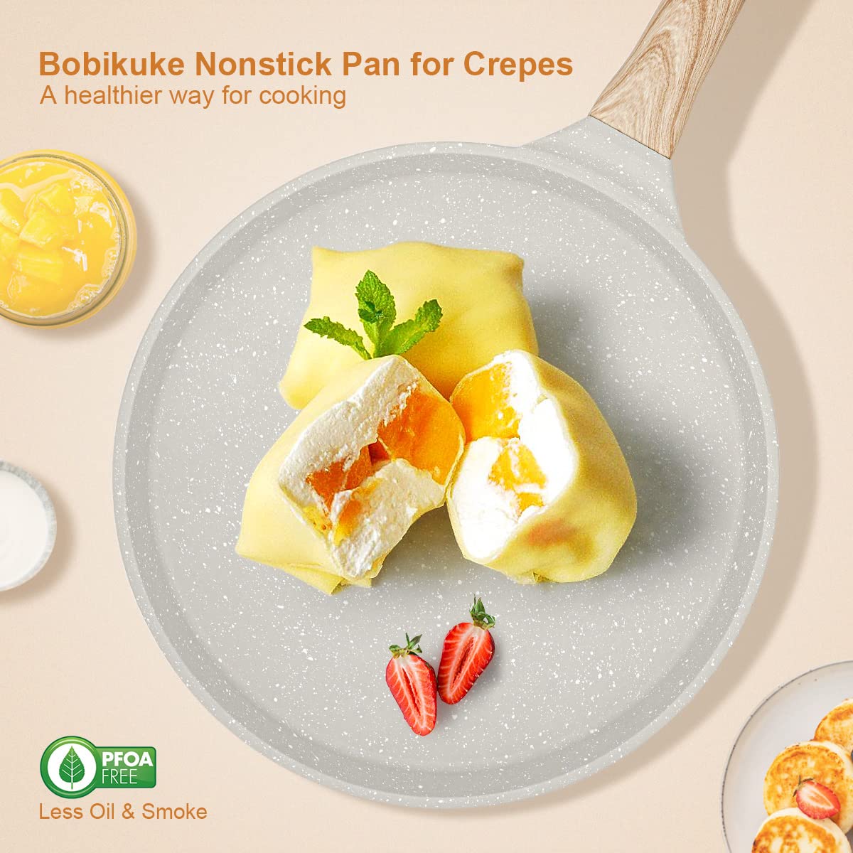 8 Inch Nonstick Crepe Pan with Spreader - Roti, Dosa, Tortilla, Tawa Flat Griddle Pan - Induction Compatible - Perfect for Indian Cooking, Breakfast Crepes & Mexican Cuisine - White
