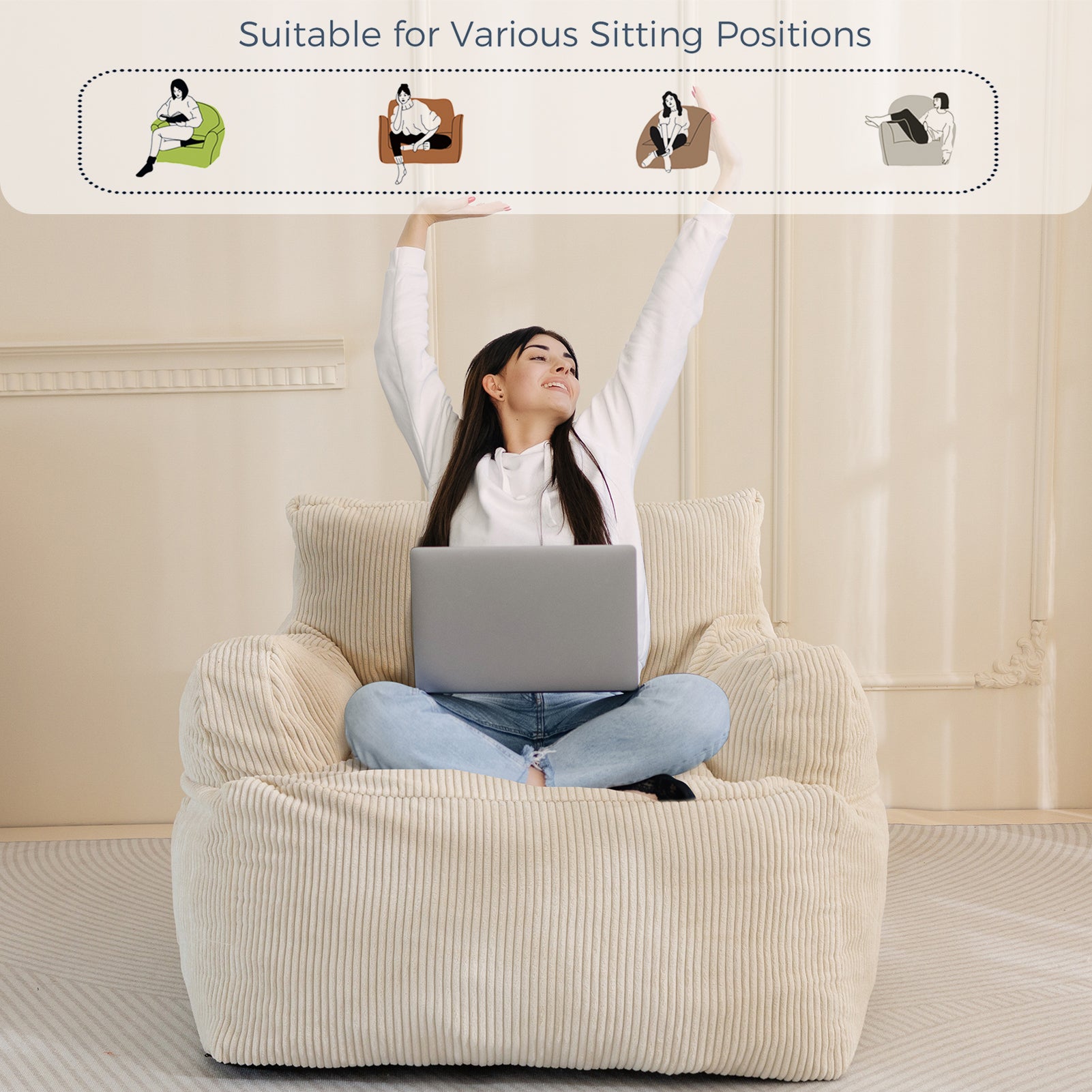 MAXYOYO Oversized Bean Bag Chair - Extra Large Stuffed Bean Bag Sofa for Living Room, Bedroom & Game Room - Soft & Comfortable Beige Lounger for Relaxing, Reading & Gaming