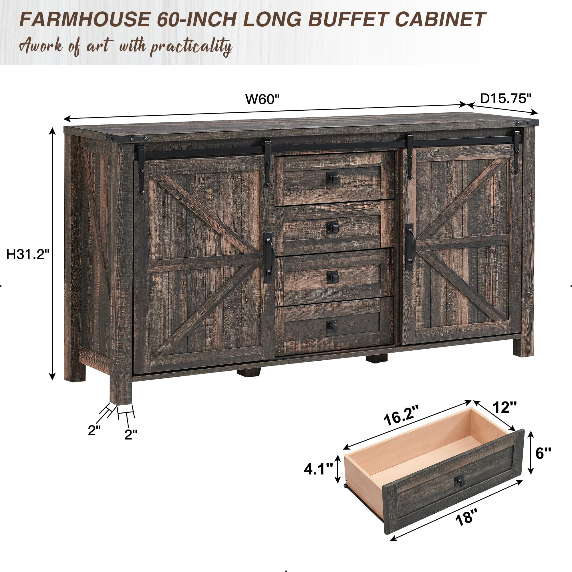 Farmhouse Sideboard Buffet Cabinet with Storage - 60