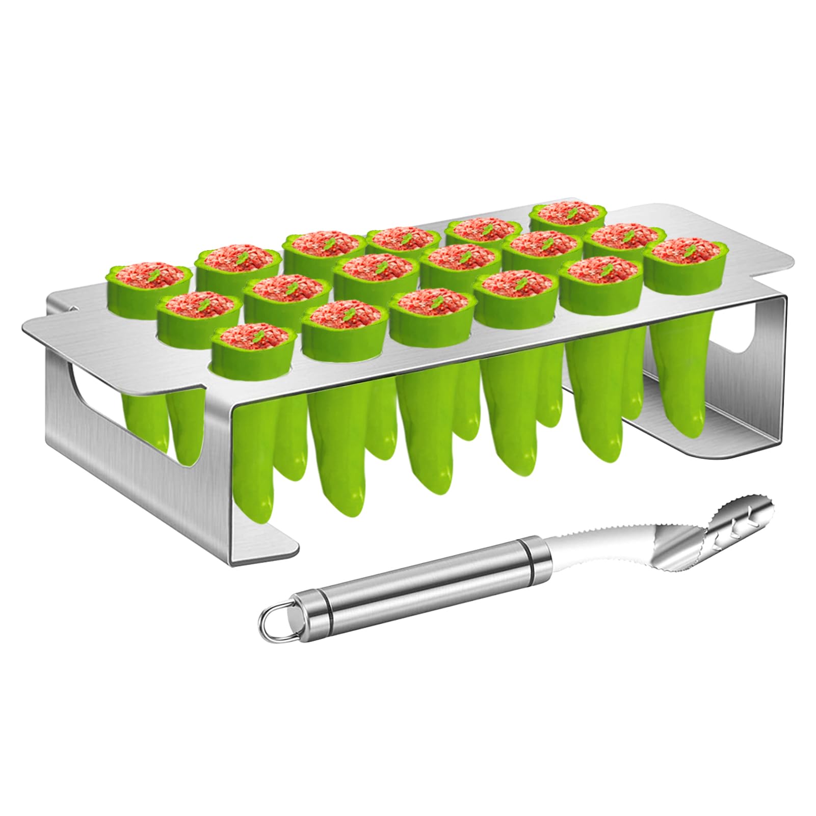 Stainless Steel Jalapeno Grill Rack with Corer Tool - 18 Hole Jalapeno Popper Holder for Drumsticks & Chicken Wings - BBQ Smoker & Oven Safe Roaster Griller - Perfect for Backyard BBQs, Tailgating & Outdoor Cooking (Silver)