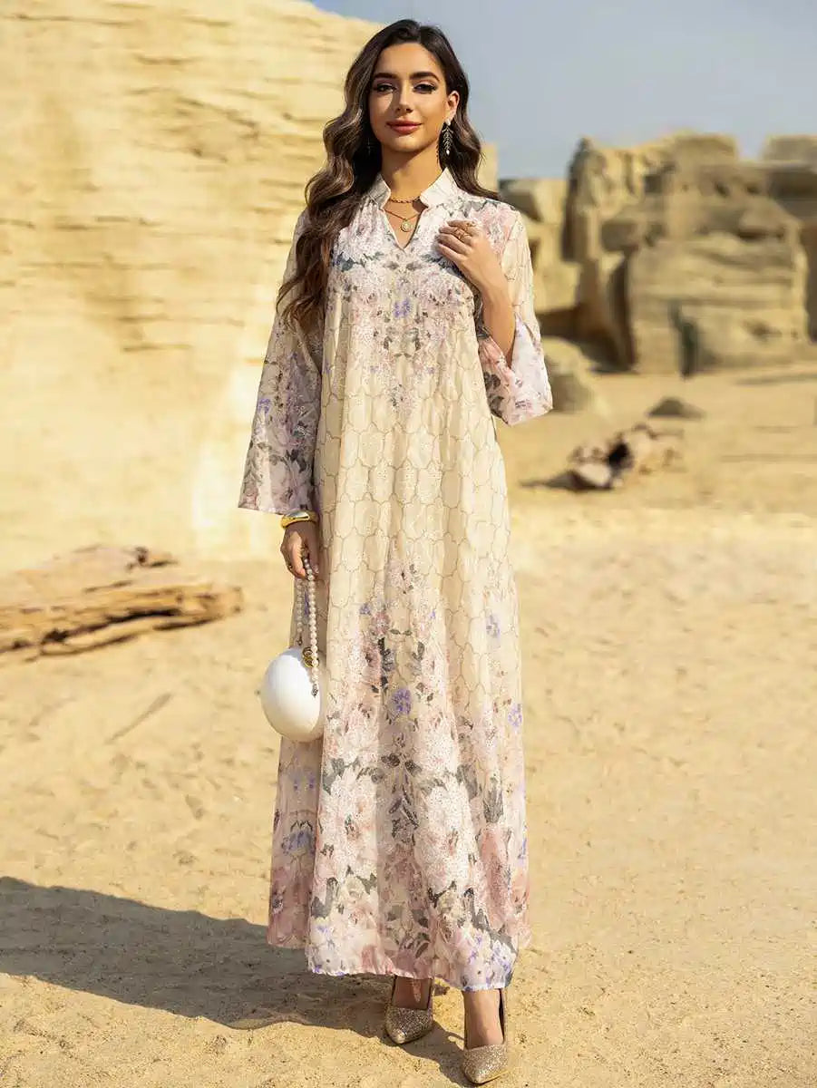 Elegant Eid Dress for Women - Embroidered Caftan Kaftan with Floral Print #25463 - Perfect for Eid Celebrations, Weddings & Special Occasions