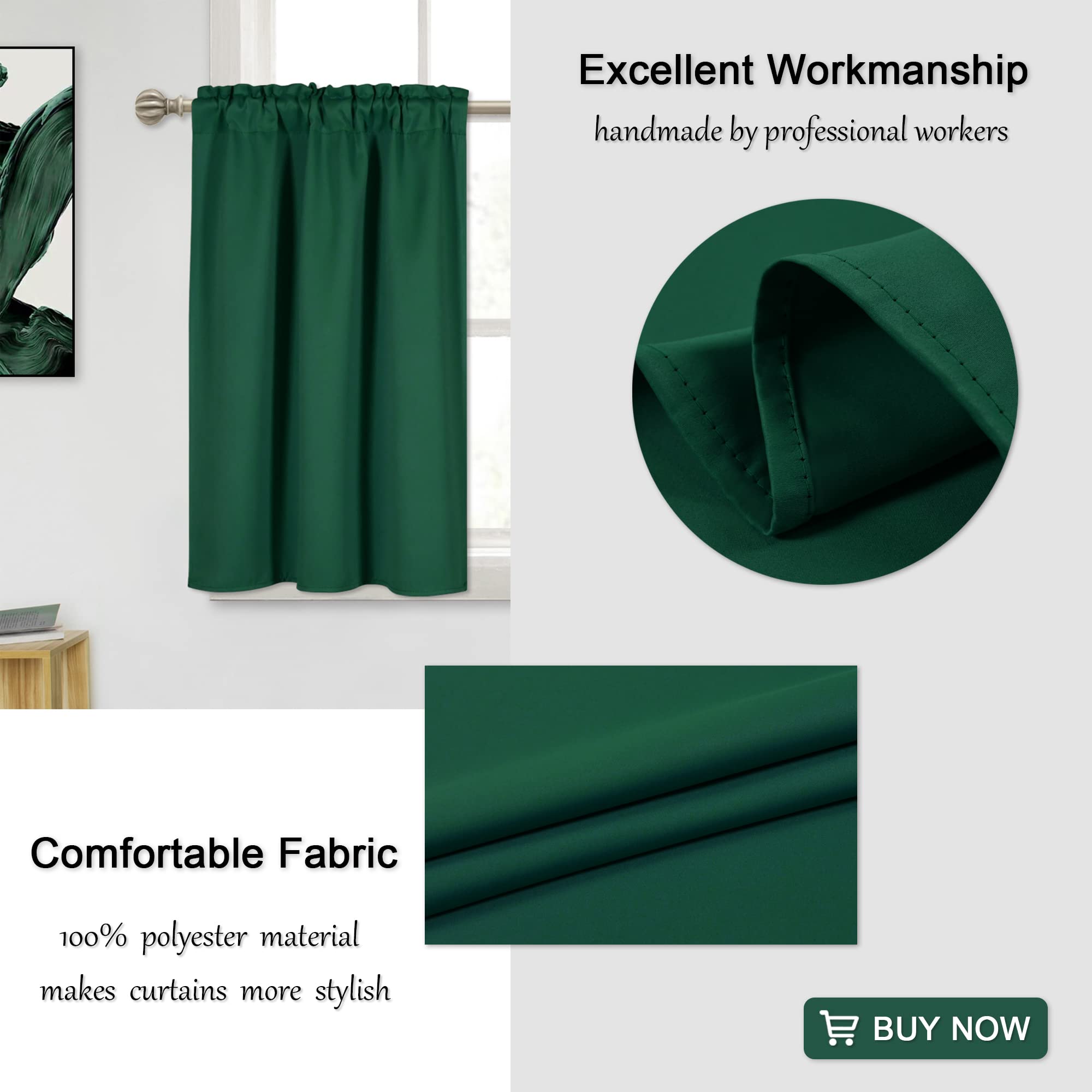 45 Inch Deep Green Blackout Thermal Insulated Curtains for Small Windows - 2 Panels Set (29W x 45L Inches, Hunter Green) - Perfect for Living Room, Bedroom & Narrow Windows - Blocks Light, Saves Energy & Enhances Privacy
