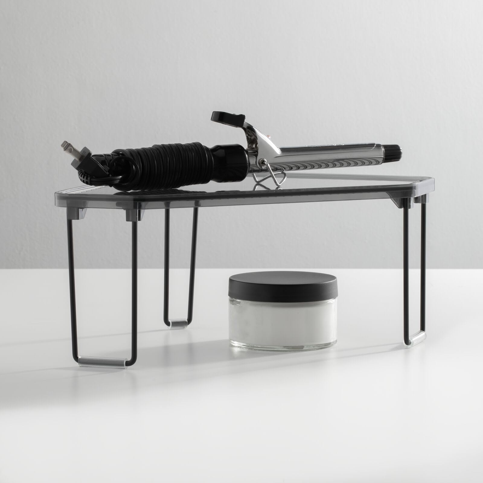 mDesign Plastic/Steel Corner Stackable Shelf Organizer - 2 Pack Black/Smoke Gray - Bathroom Vanity Storage for Makeup, Shower Accessories - Perfect for Small Spaces Under Sink, Cabinet & Countertop Organization