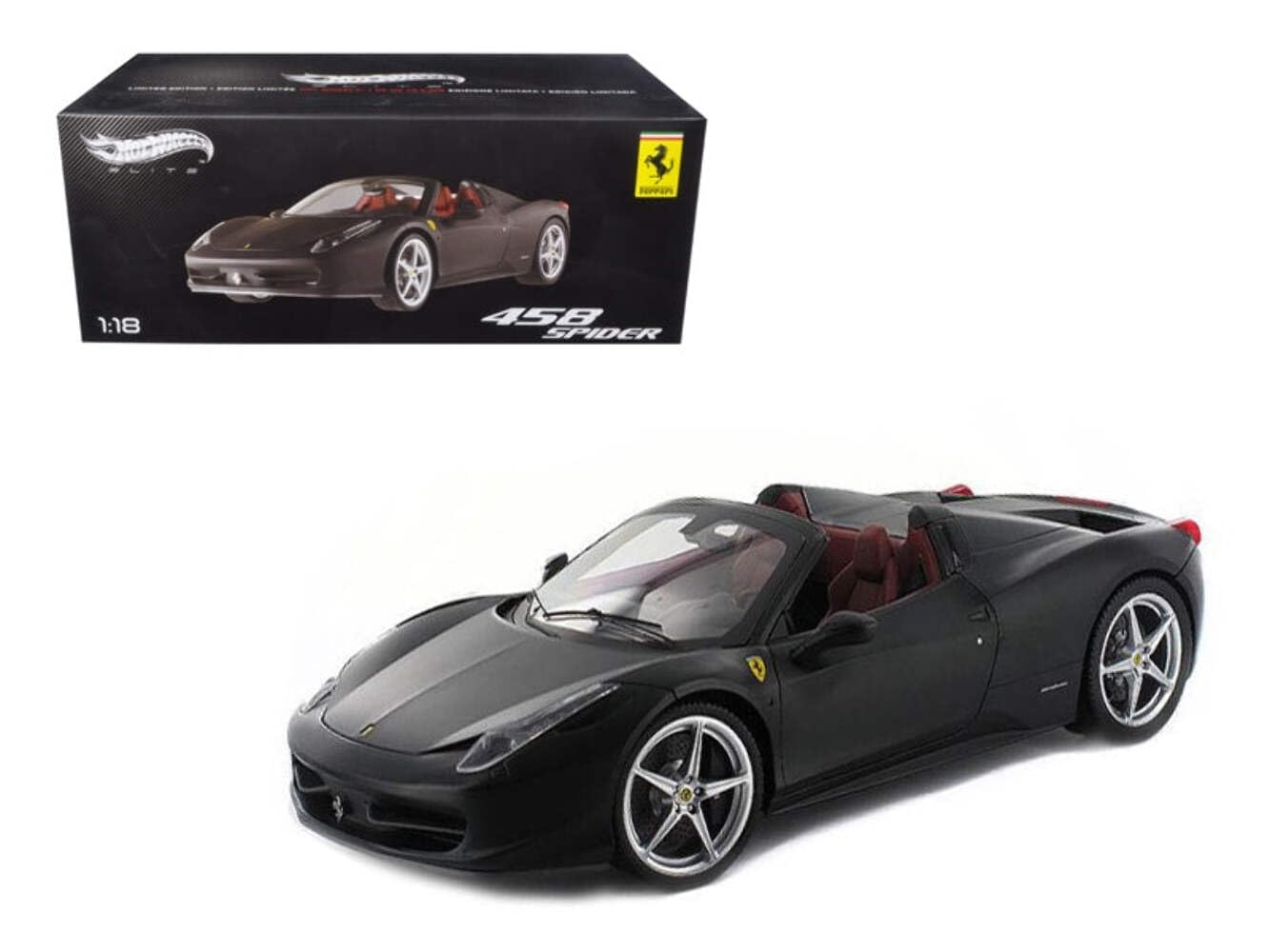 Hot Wheels Ferrari 458 Italia Spider 1/18 Scale Diecast Model Car - Matt Black Elite Edition | Collectible Display Piece for Car Enthusiasts & Office Decor