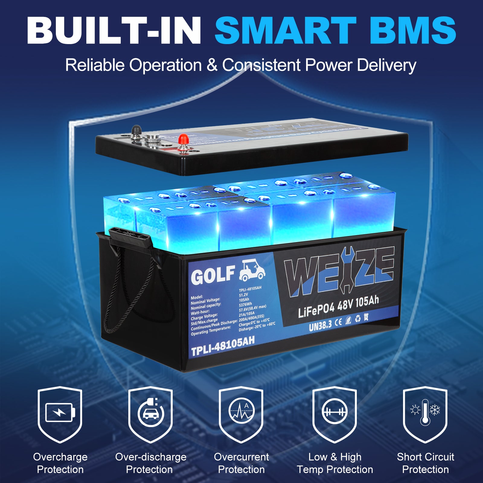 WEIZE 48V (51.2V) 105AH LiFePO4 Deep Cycle Golf Cart Battery - 5376Wh Bluetooth Lithium Battery with 200A BMS | 8000+ Cycles & 10-Year Warranty | Perfect for Golf Carts, RVs, Marine, and Solar Power Systems