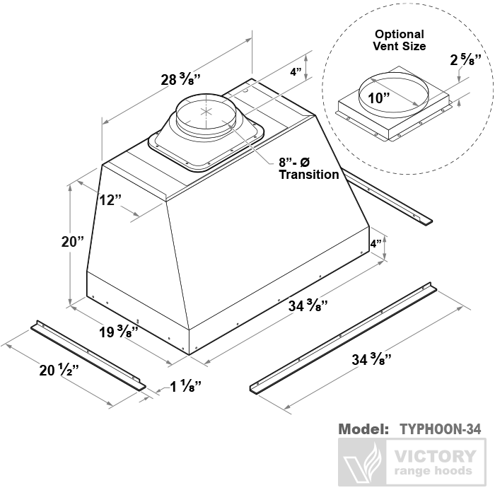 Victory 36-Inch Typhoon 1200 CFM Range Hood Insert - Powerful Kitchen Ventilation for Gas Stoves & Cooking Areas