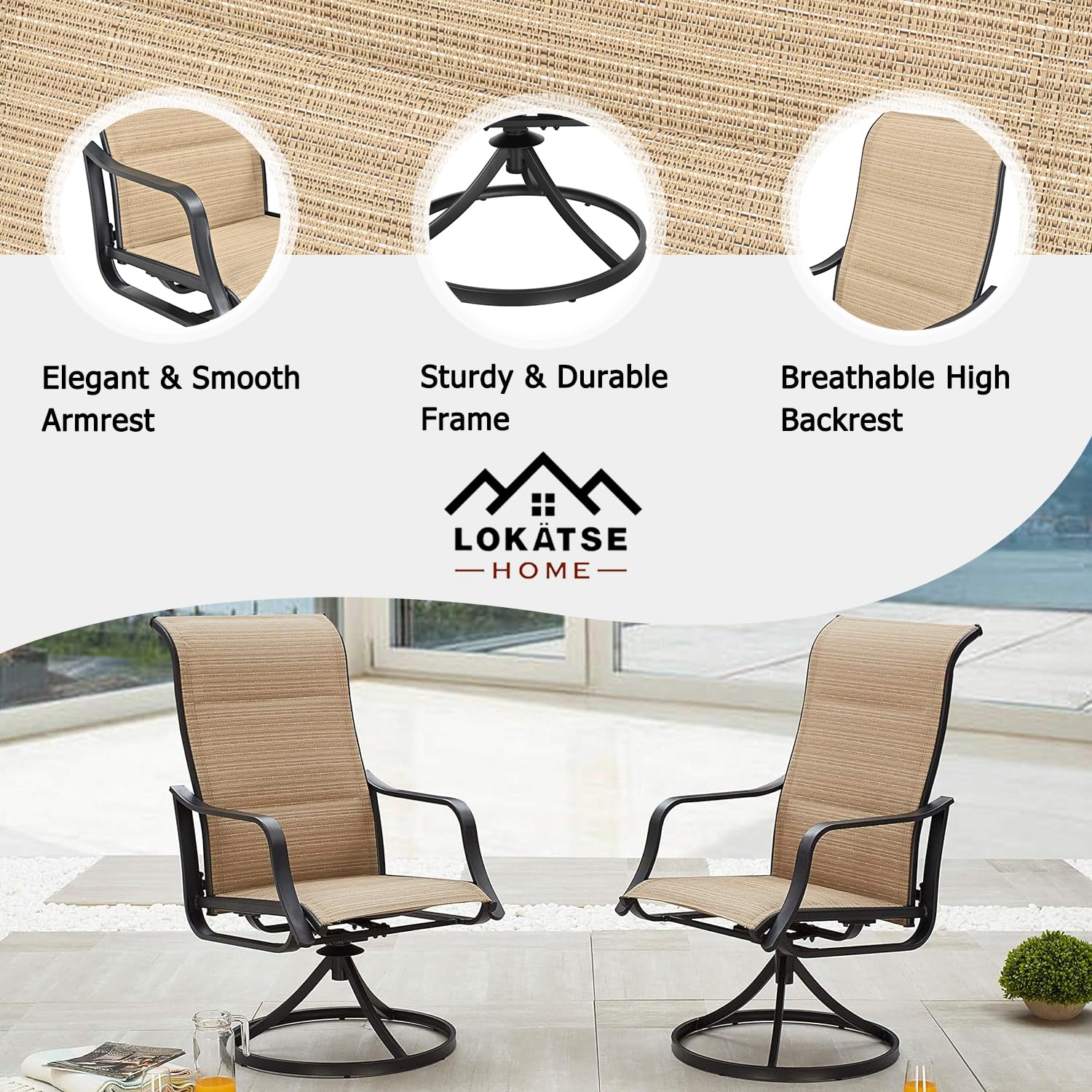 LOKATSE HOME 6-Piece Patio Dining Swivel Chair Set - Outdoor Bistro Furniture for Backyard, Deck, Garden, Porch & Yard - Weather-Resistant Beige Chairs for Relaxing & Entertaining Guests