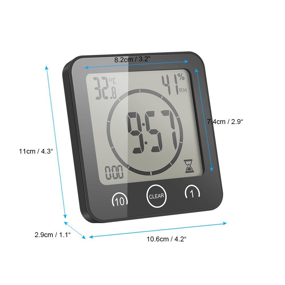 Waterproof Digital Shower Clock with Alarm - Touch Screen Kitchen Timer, Temperature & Humidity Display, Suction Cup & Hanging Hole (Black) - Perfect for Bathroom, Kitchen, Gym & Outdoor Use