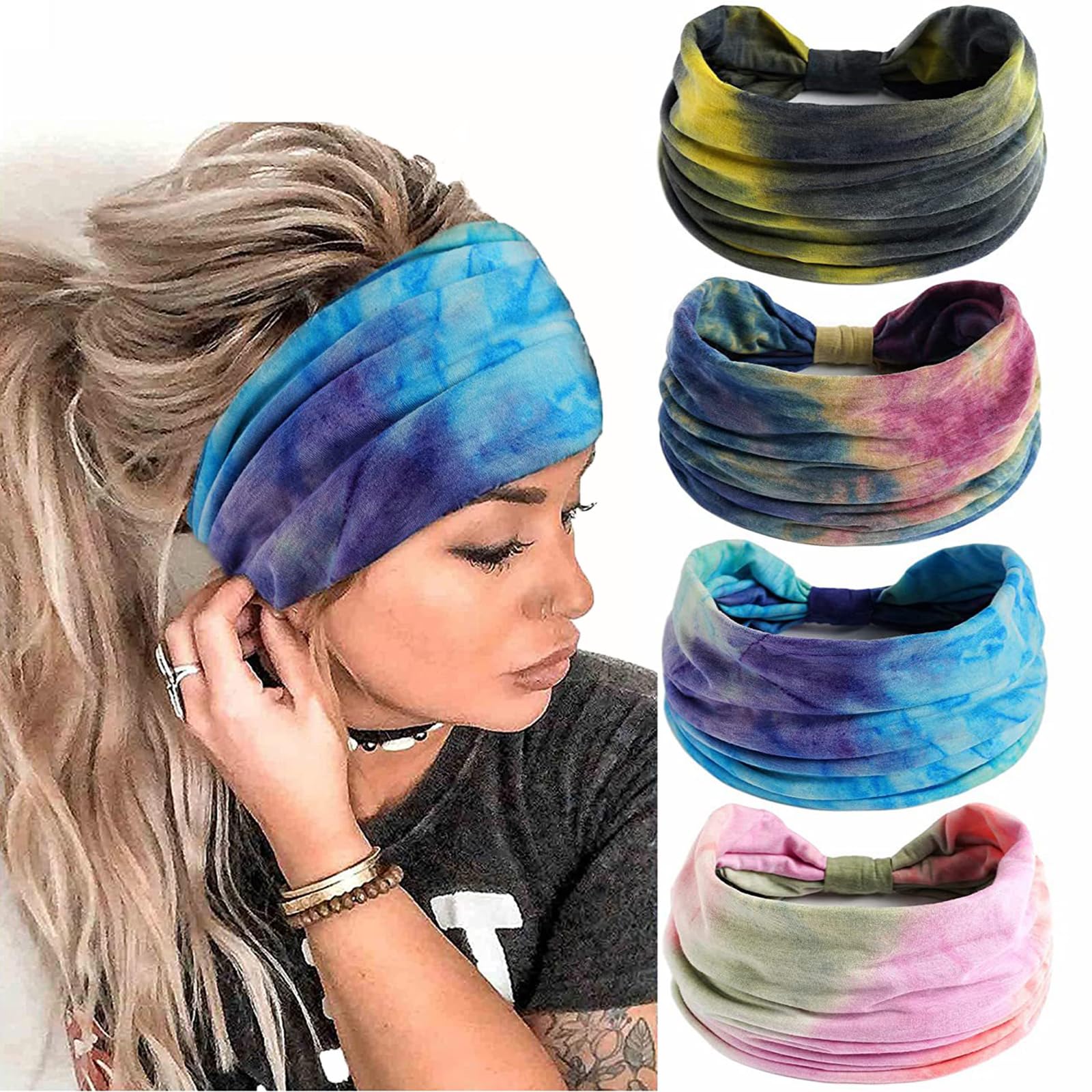 4pcs Wide Non-Slip Elastic Headbands for Women – Fashion African Knot Turban & Sport Sweat Hair Bands – Perfect for Yoga, Running, Gym & Everyday Styling