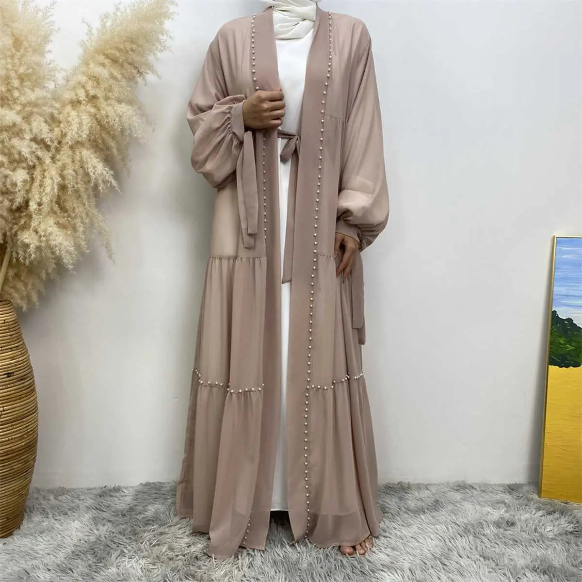 Elegant Muslim Women's Chiffon Beaded Open Abaya Dress - Modest Islamic Prayer Dress for Mosque, Eid & Special Occasions