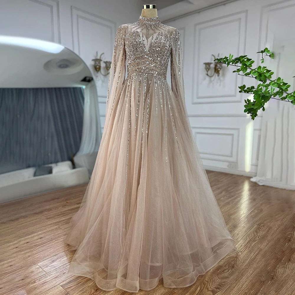 Elegant Arabic Turquoise Beaded A-Line Evening Gown with Cape Sleeves - Dubai Inspired Women's Wedding Party Dress LA72199 | Perfect for Formal Events, Red Carpet & Special Occasions