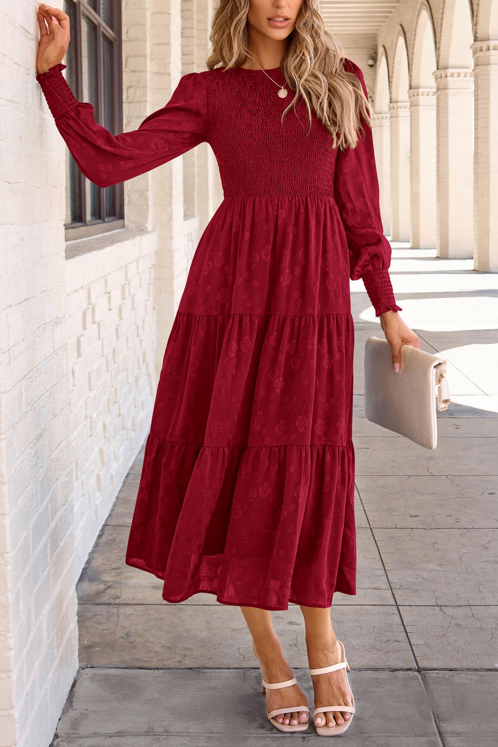 PRETTYGARDEN Women's Floral Midi Dress with Long Sleeves & Pockets - Elegant Smocked Waist Wedding Guest Dress for Spring & Fall | Perfect for Bridal Showers, Garden Parties & Formal Events