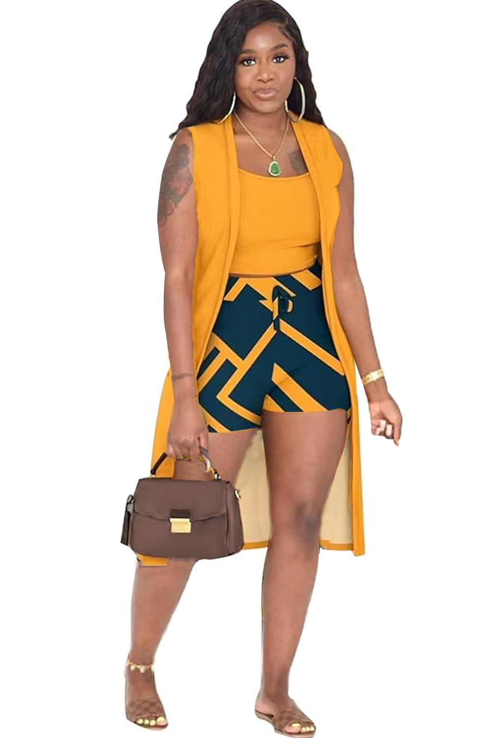 Women's 3-Piece Lounge Set - Ribbed Long Cardigan, Crop Tank & Shorts | Casual Outfit for Home, Travel & Relaxation