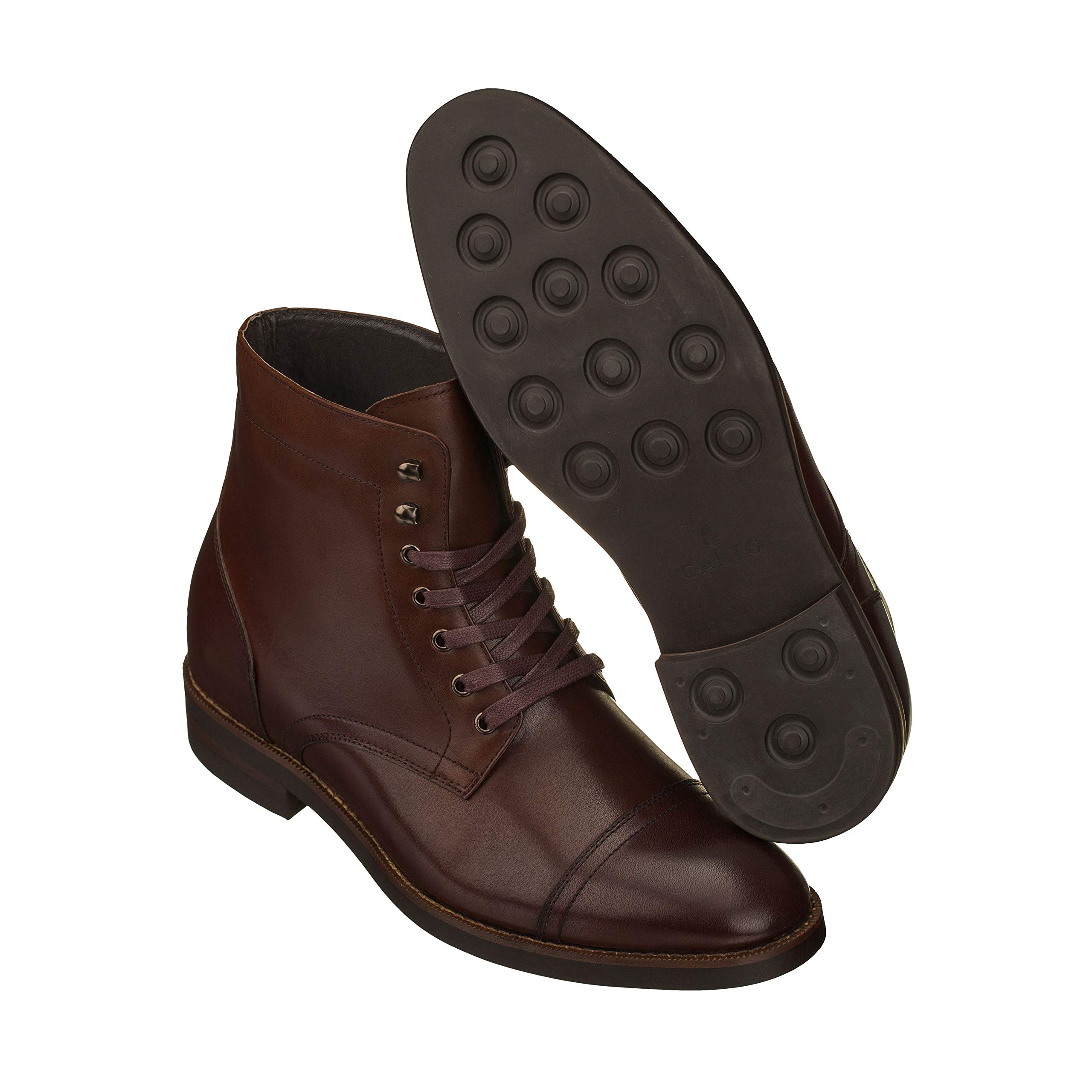 CALTO Men's Invisible Elevator Shoes - Dark Brown Premium Leather Lace-up Boots for Height Increase (2.8 Inches) - High-Top Sneakers Size 11.5 D(M) US - Perfect for Work, Dating & Formal Occasions