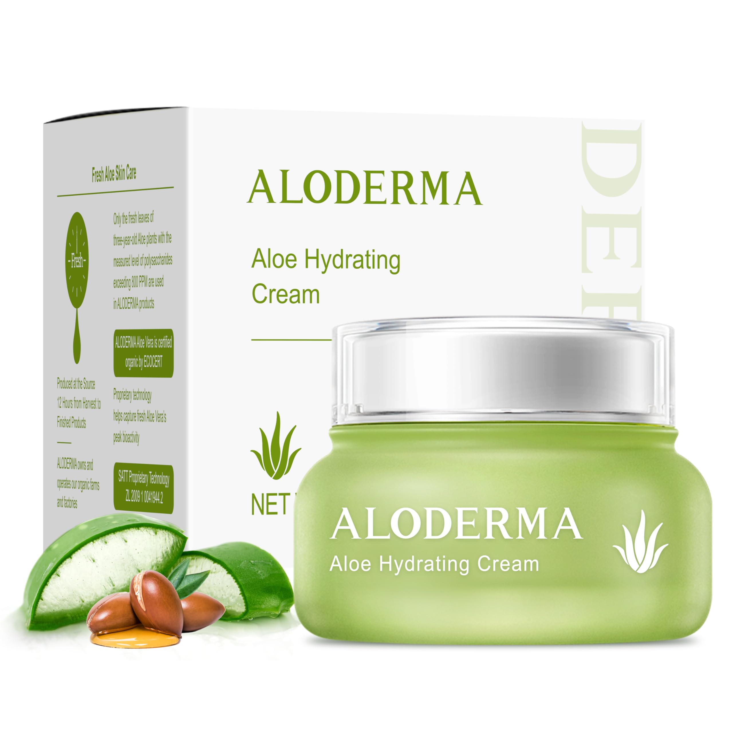 Aloderma Hydrating Face Cream for Dry Skin - 70% Organic Aloe Vera with Hyaluronic Acid & Arginine - Natural Moisturizer for Dry & Sensitive Skin - Deep Hydration & Nourishment - 1.7oz - Perfect for Daily Skincare Routine & Nighttime Moisturizing