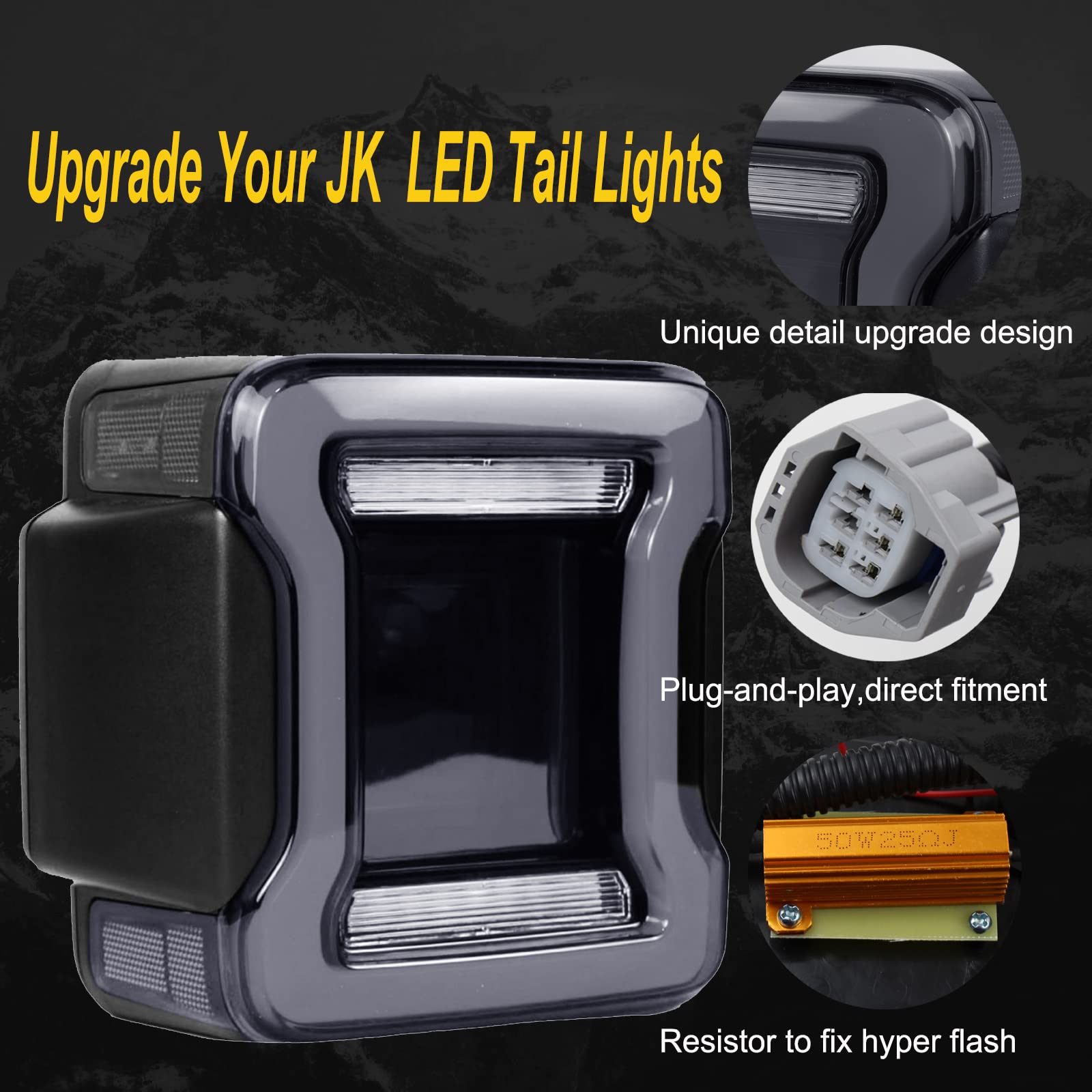 Smoked LED Tail Lights for Jeep Wrangler JK 2007-2017 - High Brightness Tunnel Edition Rear Lights (Not for JL) - Perfect for Off-Roading & Night Driving