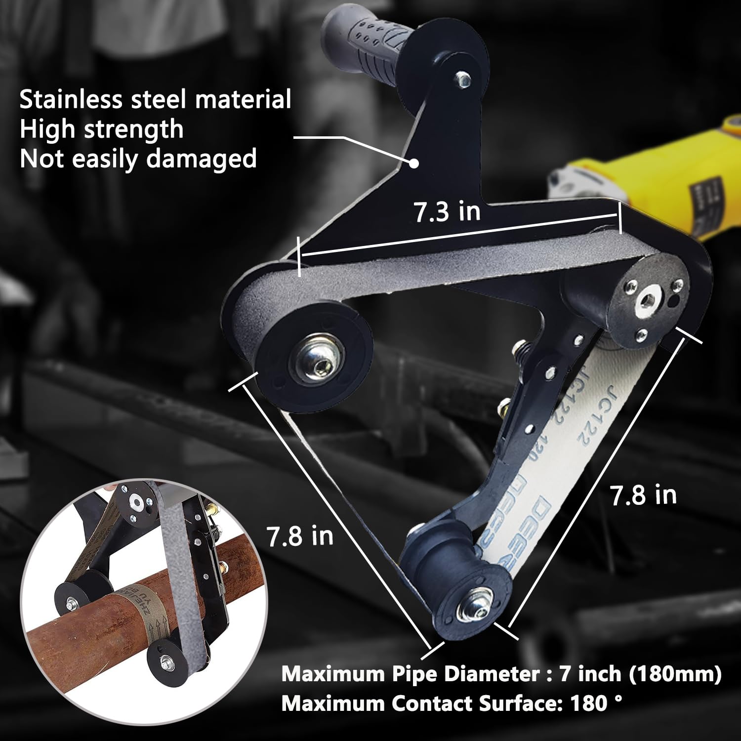 Angle Grinder Belt Sander Adapter - 5/8-11 Thread Pipe & Tube Sanding Attachment - 5pc Silicon Carbide Sand Belts - Professional Metal Polishing & Woodworking Tool for Rust Removal - Perfect for DIY Projects, Automotive Repair & Furniture Refinishing