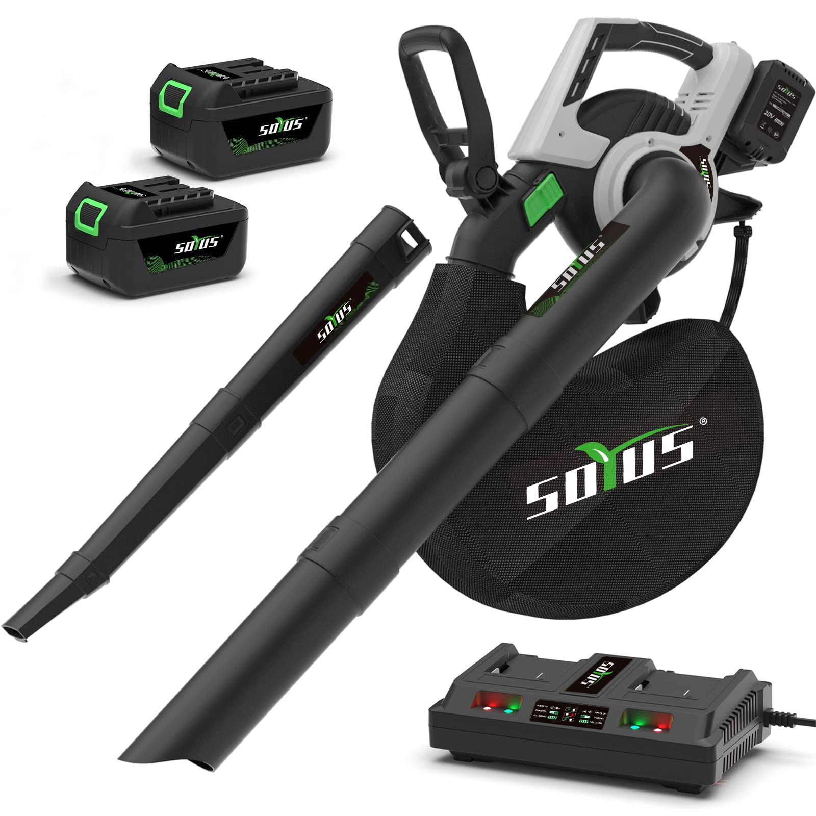 SOYUS 40V Cordless Leaf Blower Vacuum Mulcher 3-in-1 - 360CFM Brushless Motor, 5 Speed Settings, 45L Collection Bag - Includes 2 x 4.0Ah Batteries & Charger - Perfect for Yard Cleanup, Lawn Care, and Leaf Removal