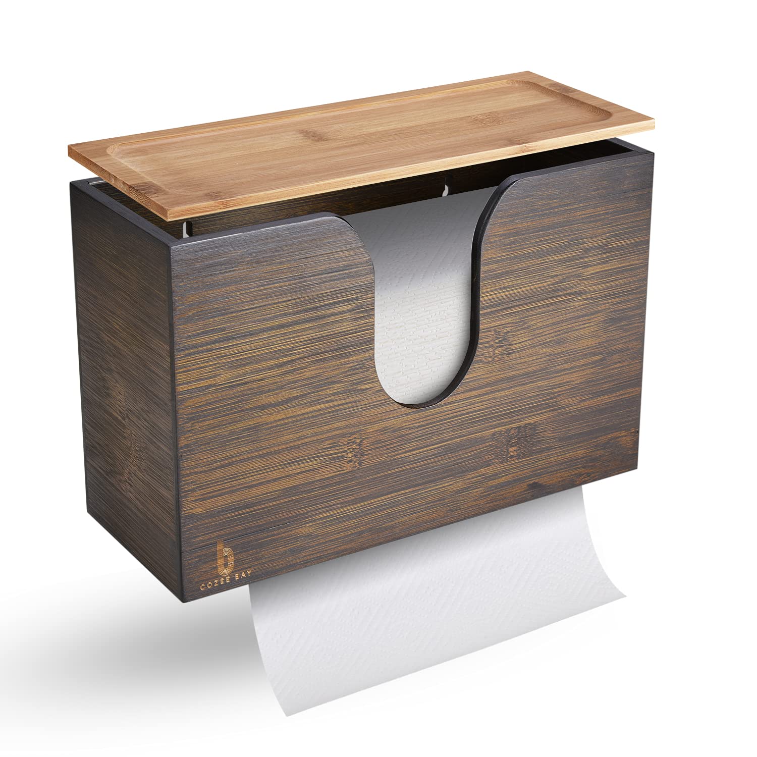 Eco-Friendly Bamboo Paper Towel Dispenser with Lid - Wall Mount or Countertop Holder for Multifold, C Fold, Z Fold & Trifold Towels - Vintage Brown for Home, Kitchen & Commercial Use - Perfect for Restaurants, Offices & Bathrooms