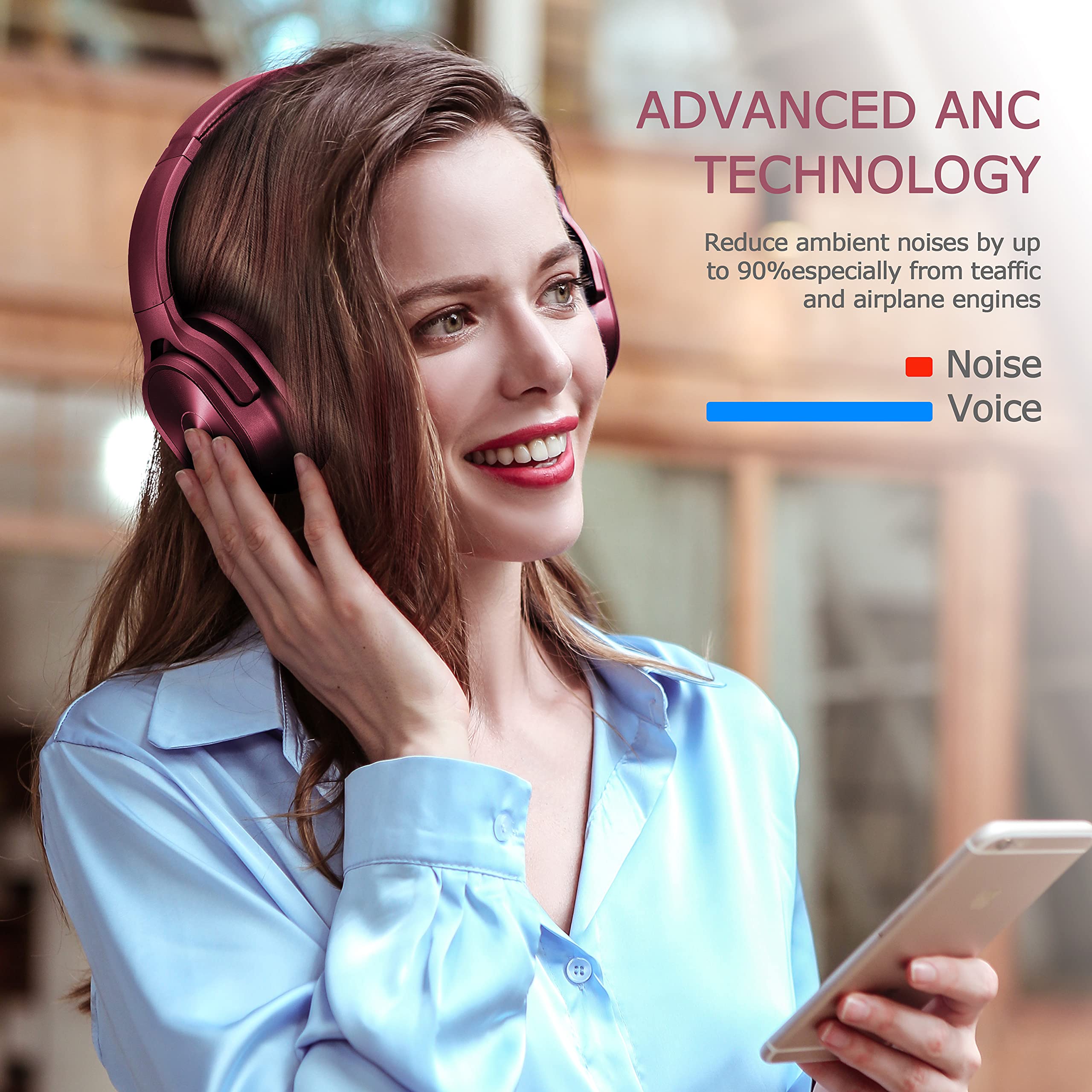 ZIHNIC Active Noise Cancelling Headphones Wireless Bluetooth 5.0 - 40H Playtime Hi-Fi Stereo Deep Bass Headset with Comfortable Earpads for Travel, Home, Office - Perfect for Commuting, Gaming & Work (Red)