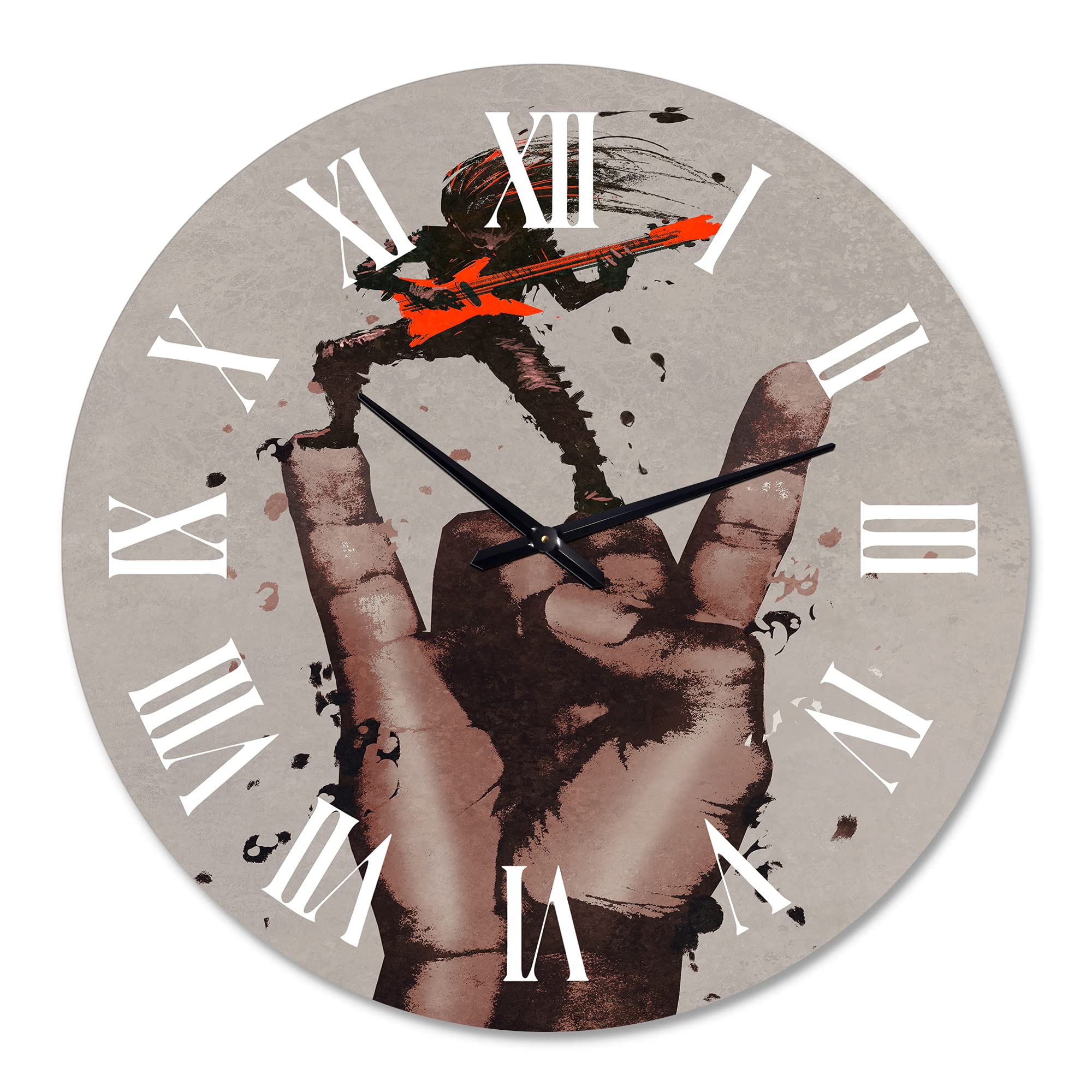 DesignQ Modern Wall Clock - Rock and Roll Sign with Guitarist - Large Fantasy & Sci-Fi Wall Clock for Office, Living Room & Bedroom Decor - Perfect for Music Lovers & Home Décor