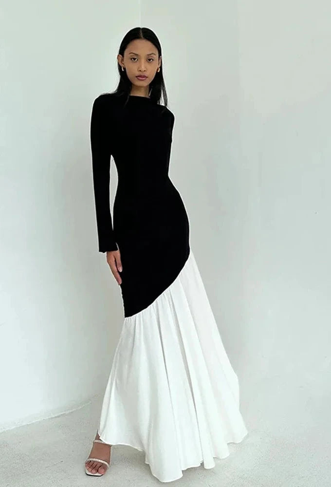Elegant Black and White Patchwork Long Sleeve Pleated Maxi Dress - Women's Fashion Autumn Dress 2024 | Perfect for Fall Weddings, Office Wear & Holiday Parties