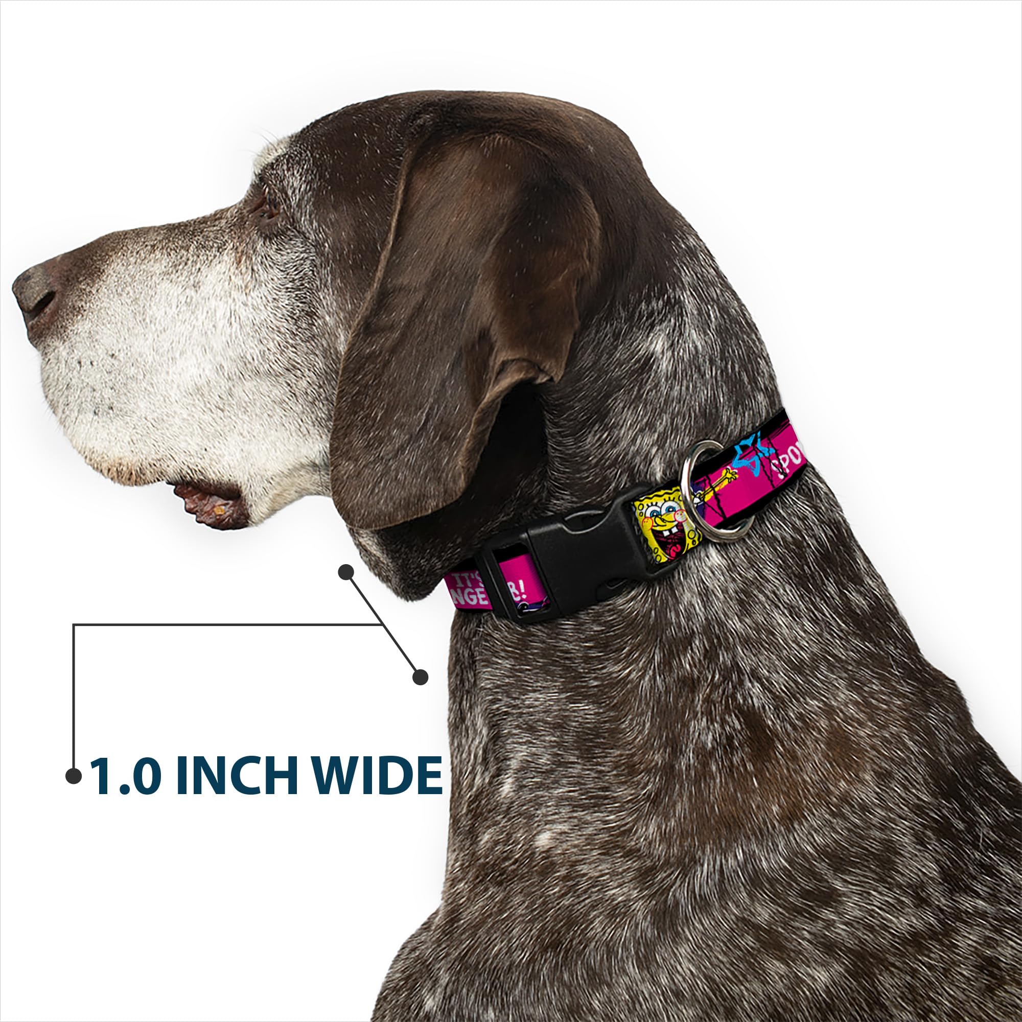 Spongebob Dog Collar with Plastic Clip - Adjustable 18-32 Inch, 1.5 Inch Wide Pet Collar in Black, Pink, Blue & White Stripes - Perfect for Cosplay, Halloween Costumes & Cartoon-Themed Pet Accessories