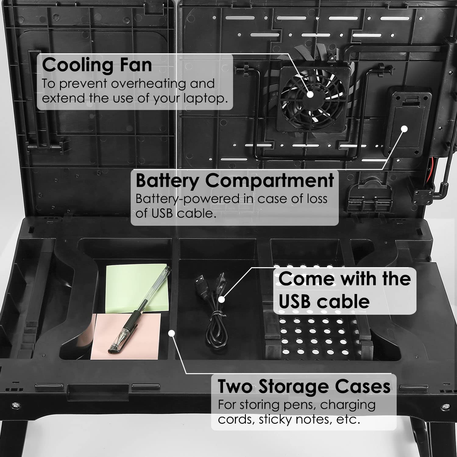 Adjustable Laptop Table Stand for Bed & Sofa - Portable Foldable Lap Desk with Cooling Fan, 4 USB Ports, Lightweight Design for Home, Office, and Travel Use