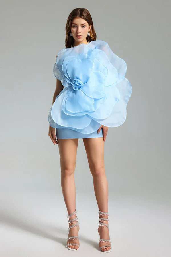 3D Voluminous Organza Floral Mini Dress in Blue - Elegant Party Wear for Weddings, Prom & Special Occasions