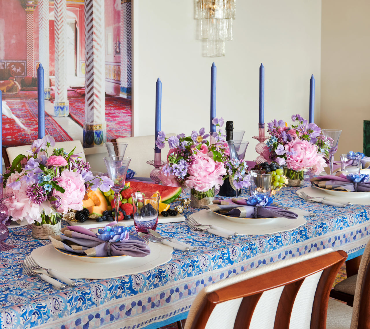 Lilac & Blue Mira Tablecloth - Elegant Floral Design for Dining Room, Kitchen, and Party Decor