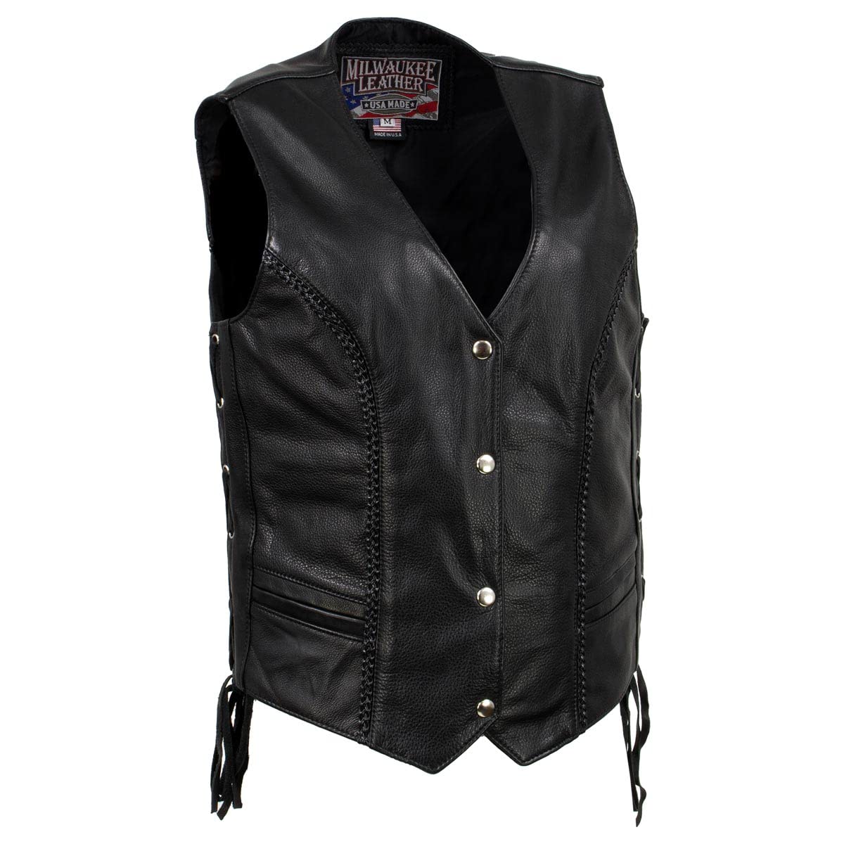 Milwaukee Leather MLVSL5001 Women's Black Braided Motorcycle Vest - USA Made Genuine Leather Biker Jacket for Harley Riding & Outdoor Adventures