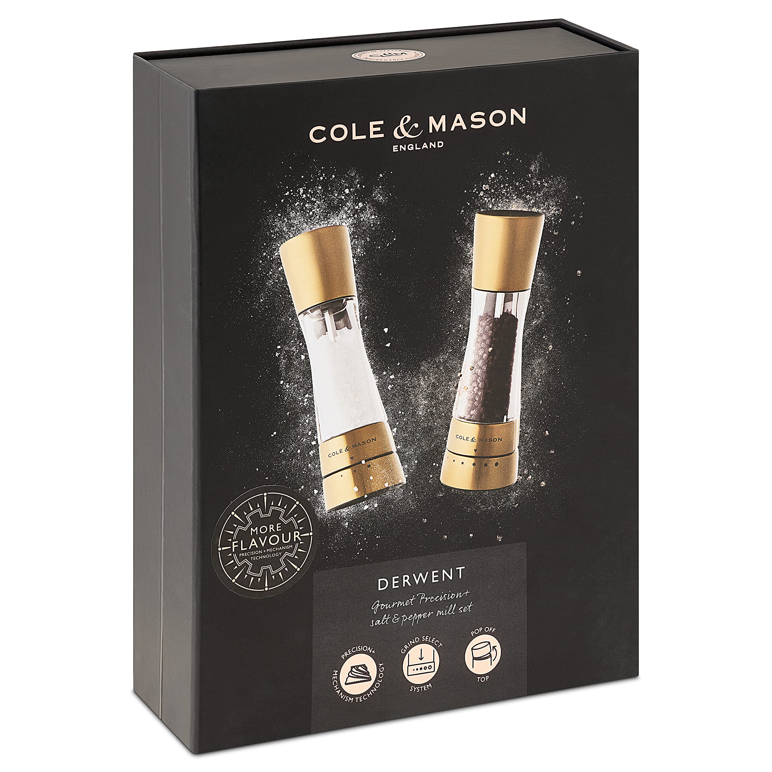 Cole & Mason Derwent Gold Salt and Pepper Grinder Set - Premium Stainless Steel & Acrylic Mills with Gourmet Precision+ Technology - 190mm Height - Perfect for Kitchen, Dining Table & Gift Giving