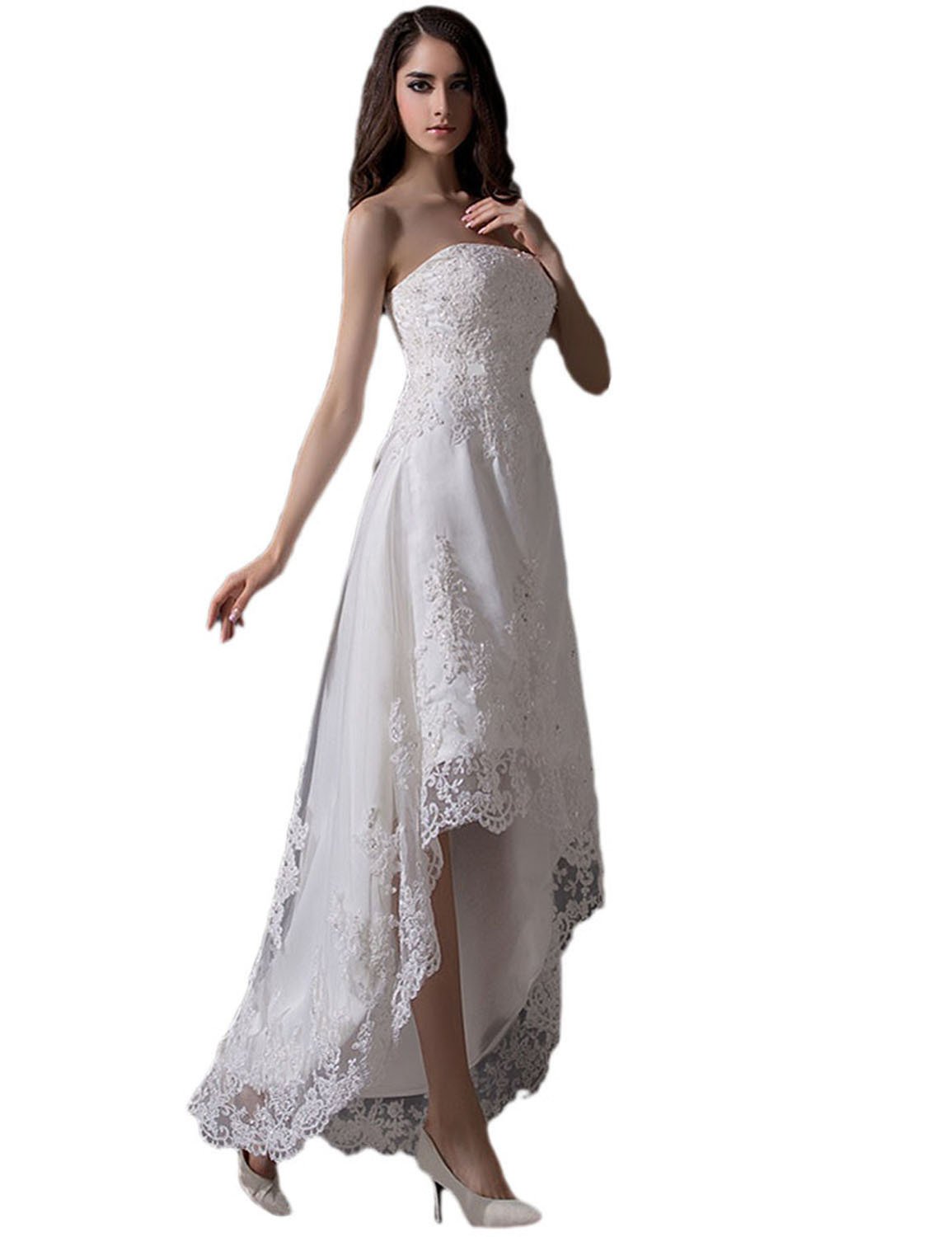 Vimans Women's Elegant High Low Strapless Beaded Lace Evening Dress for Prom, Party, Wedding & Special Occasions