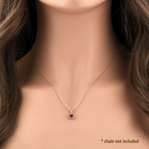 14K Solid Yellow Gold Halo Round Ruby & CZ Pendant Necklace for Women - Elegant Jewelry Gift for Birthday, Anniversary & Valentine's Day