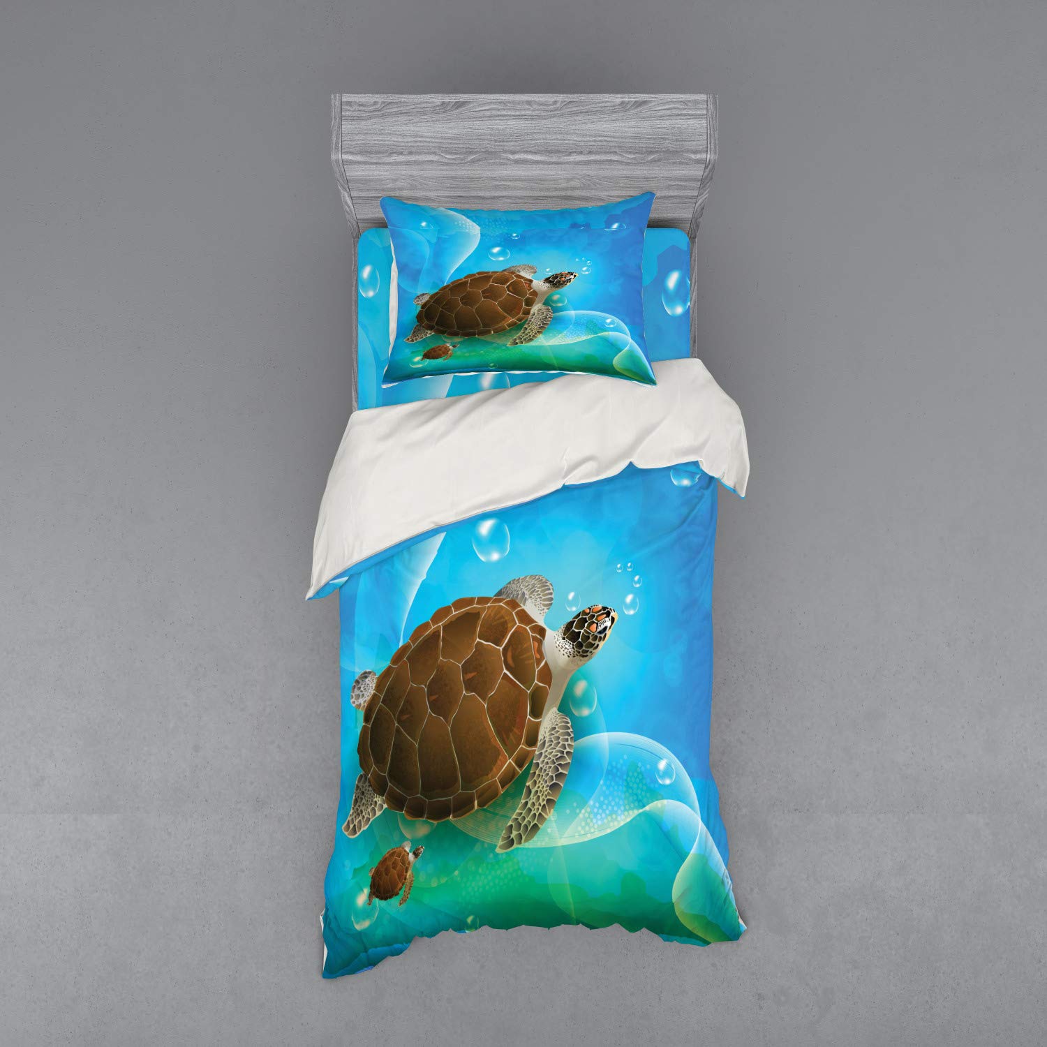 Ambesonne Ocean Turtle Duvet Cover Set - 3 Piece Twin Size Bedding with Sham & Fitted Sheet - Underwater World Cartoon Design in Green Blue Brown - Perfect for Kids' Rooms, Beach Themed Decor & Marine Life Lovers