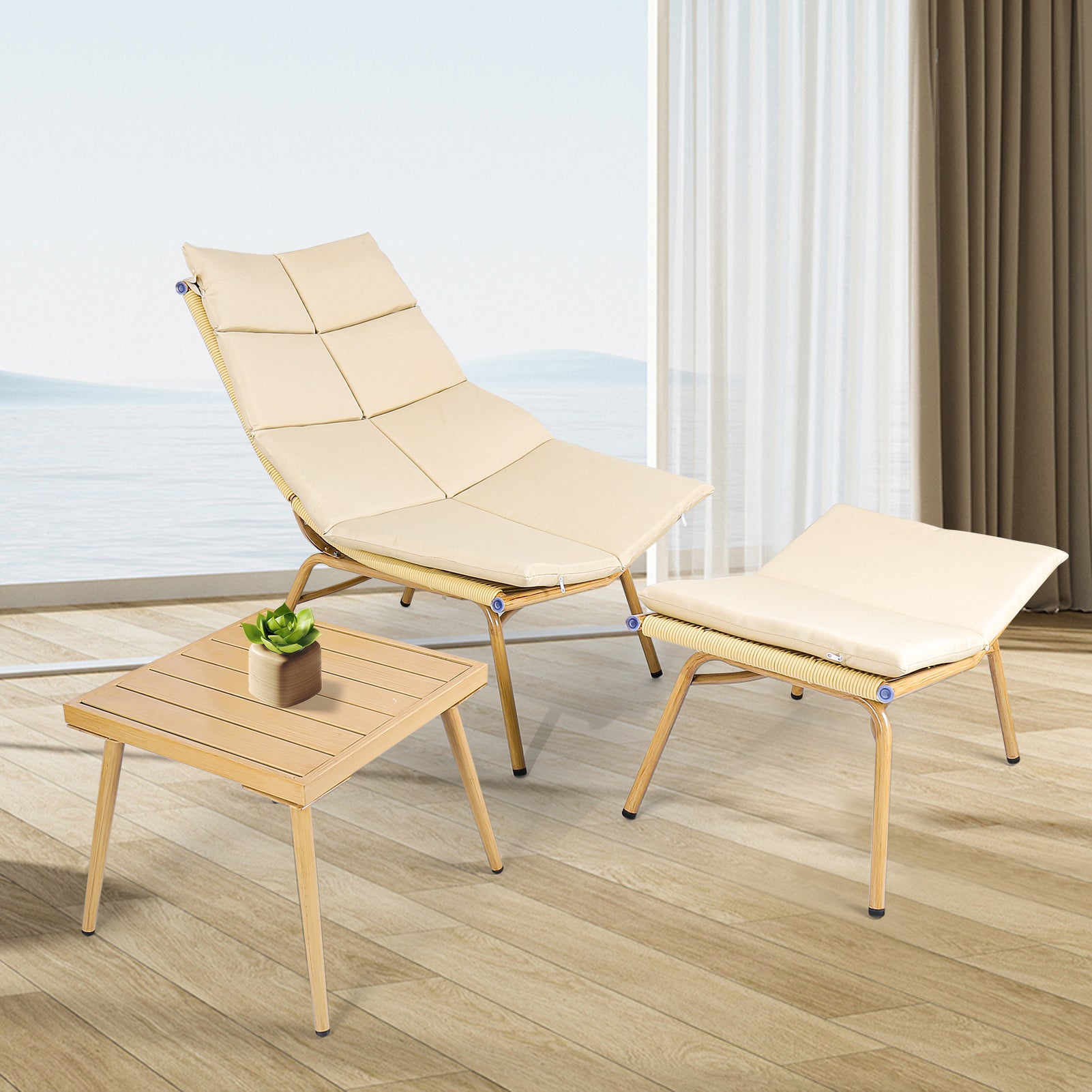 Wooden Chaise Lounge Chair with Side Table - Indoor & Outdoor Alloy Frame Recliner (380lbs Capacity) - Perfect for Camping, Gaming, Lunch Breaks, Garden Parties & Sunbathing