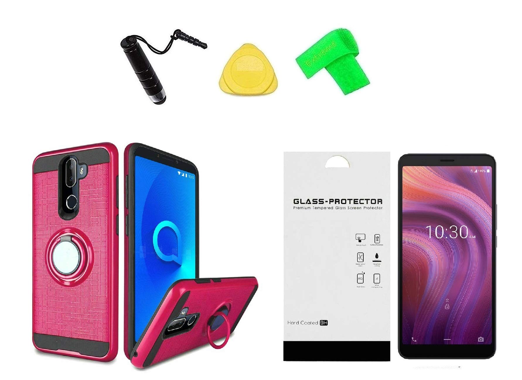 Premium Magnetic Ring Stand Hybrid Case for Alcatel 3V 5032 (2019) with Tempered Glass, Extreme Band, Stylus Pen & Pry Tool - Pink | Perfect for Work, Travel & Everyday Protection