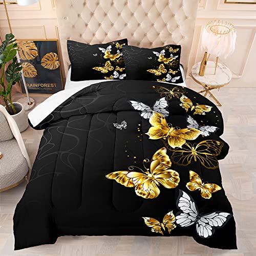 NINENINE Butterfly Comforter Set Twin Size - Golden White Butterflies on Black Starry Sky Design - Soft Bedding for Boys & Girls - Includes 1 Comforter with Matching Pillowcase - Perfect for Kids' Bedrooms, Dorm Rooms & Sleepovers