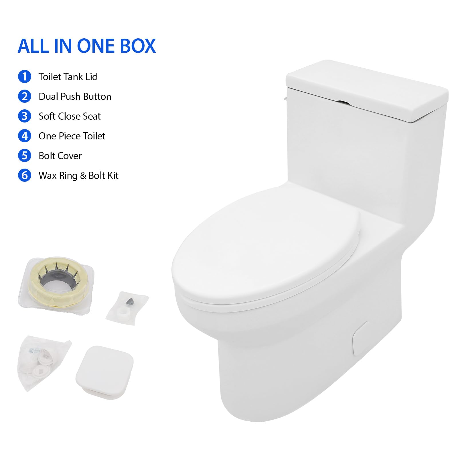 Modern White Ceramic One Piece Toilet - Comfort Height Elongated Round Bowl, Single Flush, 12