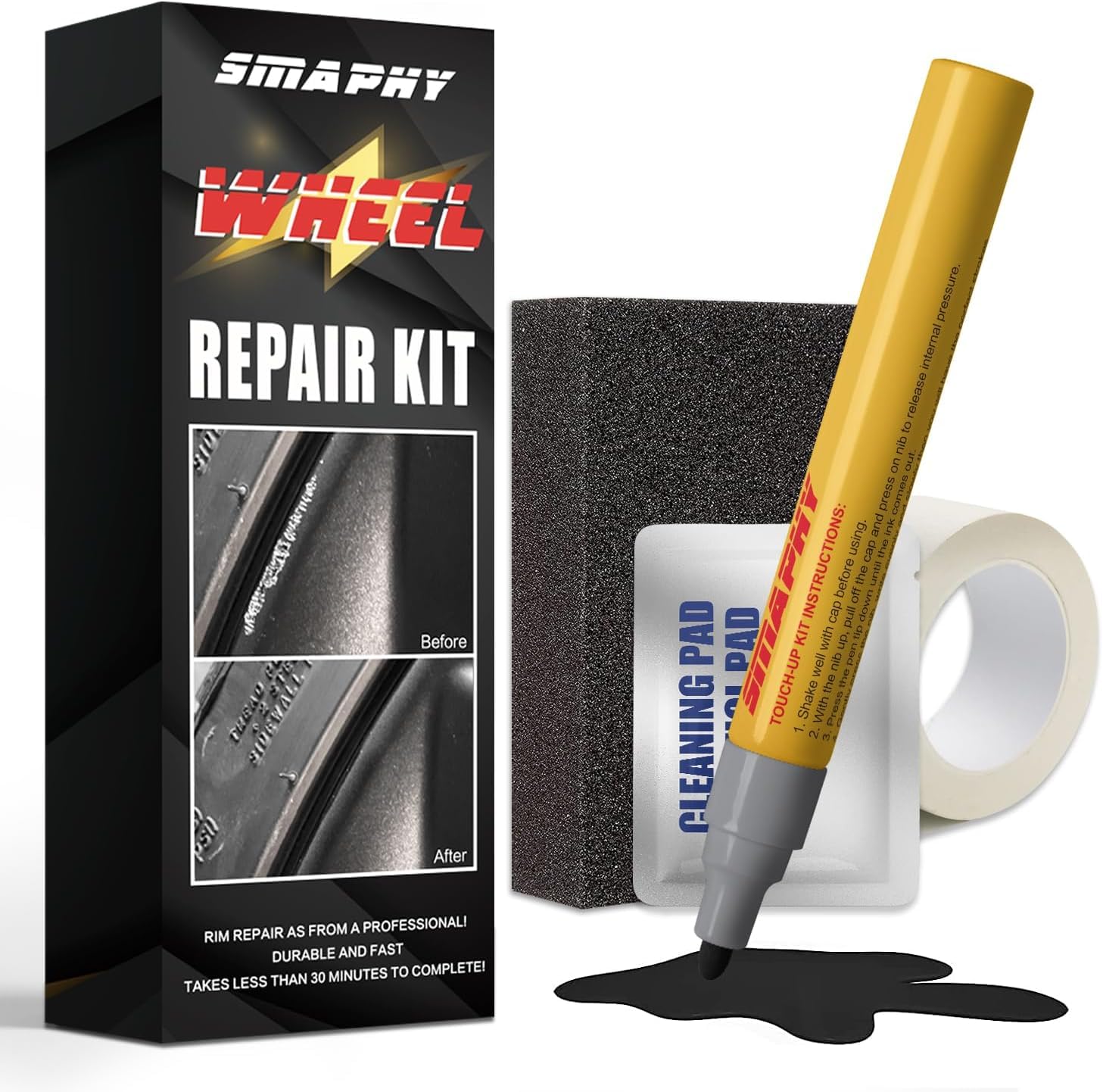 Black Wheel Scratch Repair Kit - Universal Gloss Black Rim Touch Up Paint & Curb Rash Repair Pen | Perfect for DIY Wheel Restoration, Car Maintenance & Cosmetic Damage Fixes | Ideal for Alloy Wheels, Rims & Hubcaps