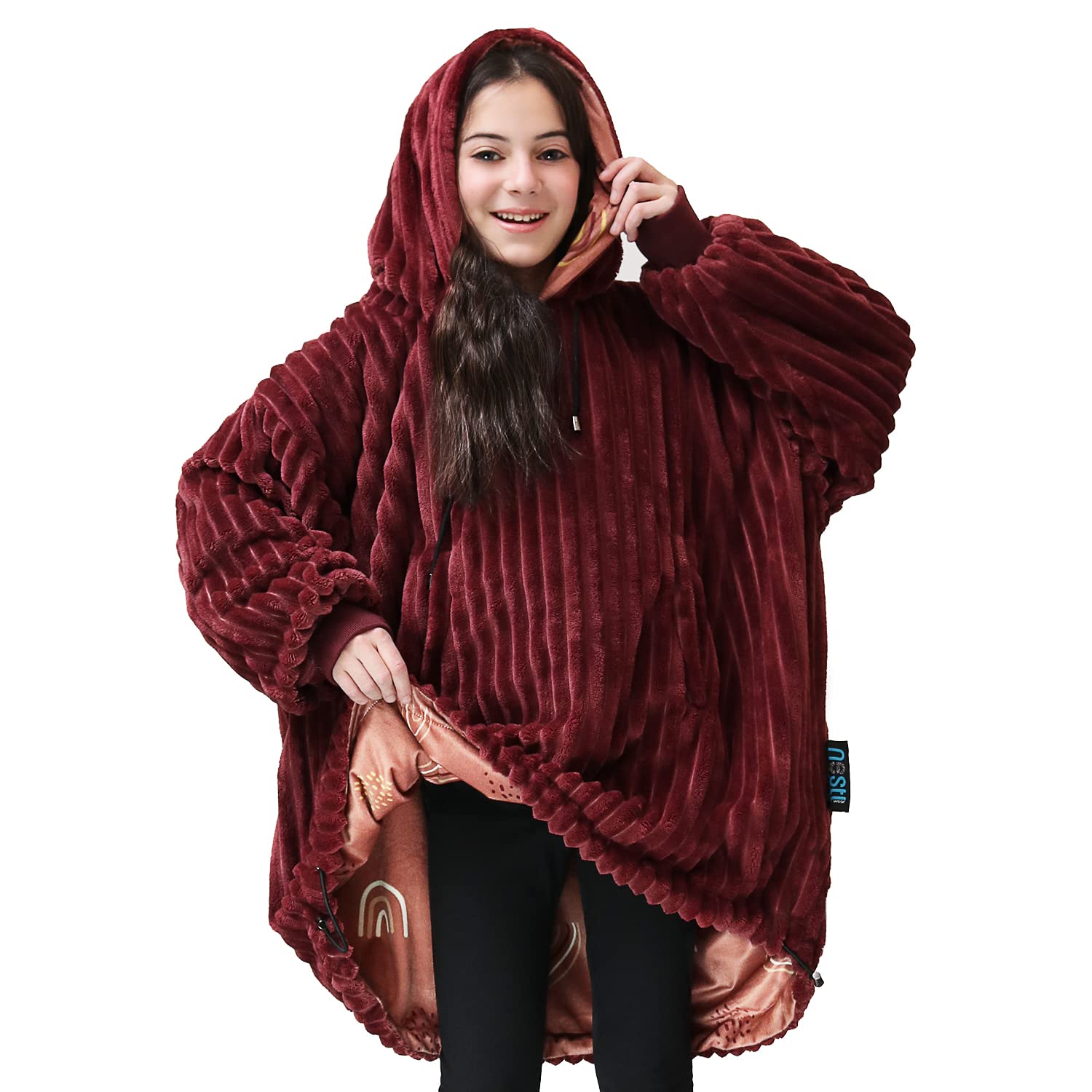 Nestl Kids Wearable Blanket Hoodie - Reversible Plush Microfiber Oversized Hooded Sweatshirt Blanket for Boys & Girls (Burgundy/Rainbow) | Warm Cozy Fleece Lounge Wear for Sleepovers, Movie Nights & Winter Comfort