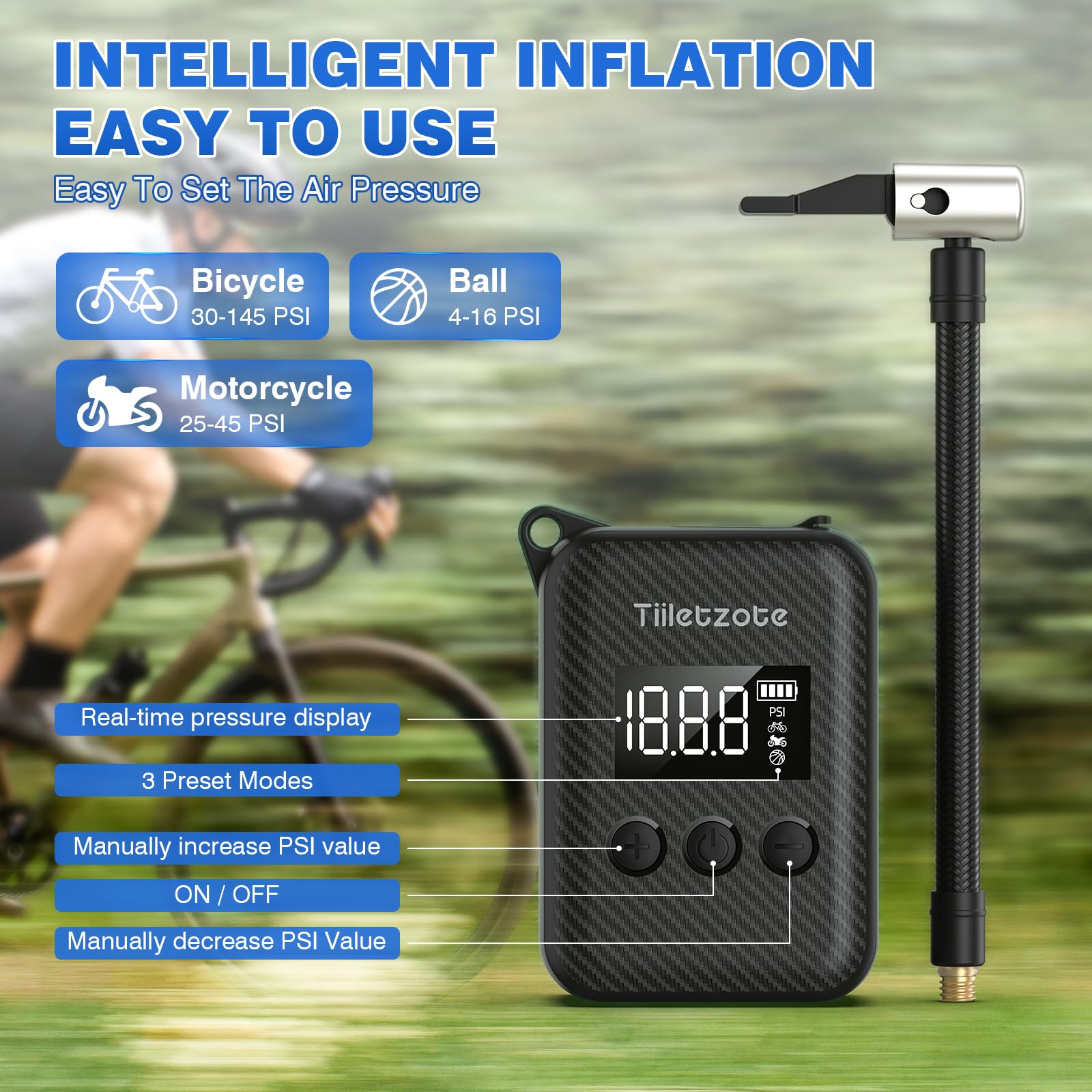 130 PSI Electric Mini Bike Pump - Portable Rechargeable Bicycle Tire Inflator with Pressure Gauge & Auto Shutoff - Compatible with Presta & Schrader Valves - Perfect for Mountain, Road and City Bikes - Ideal for Commuting, Cycling Trips and Emergency Tire Inflation