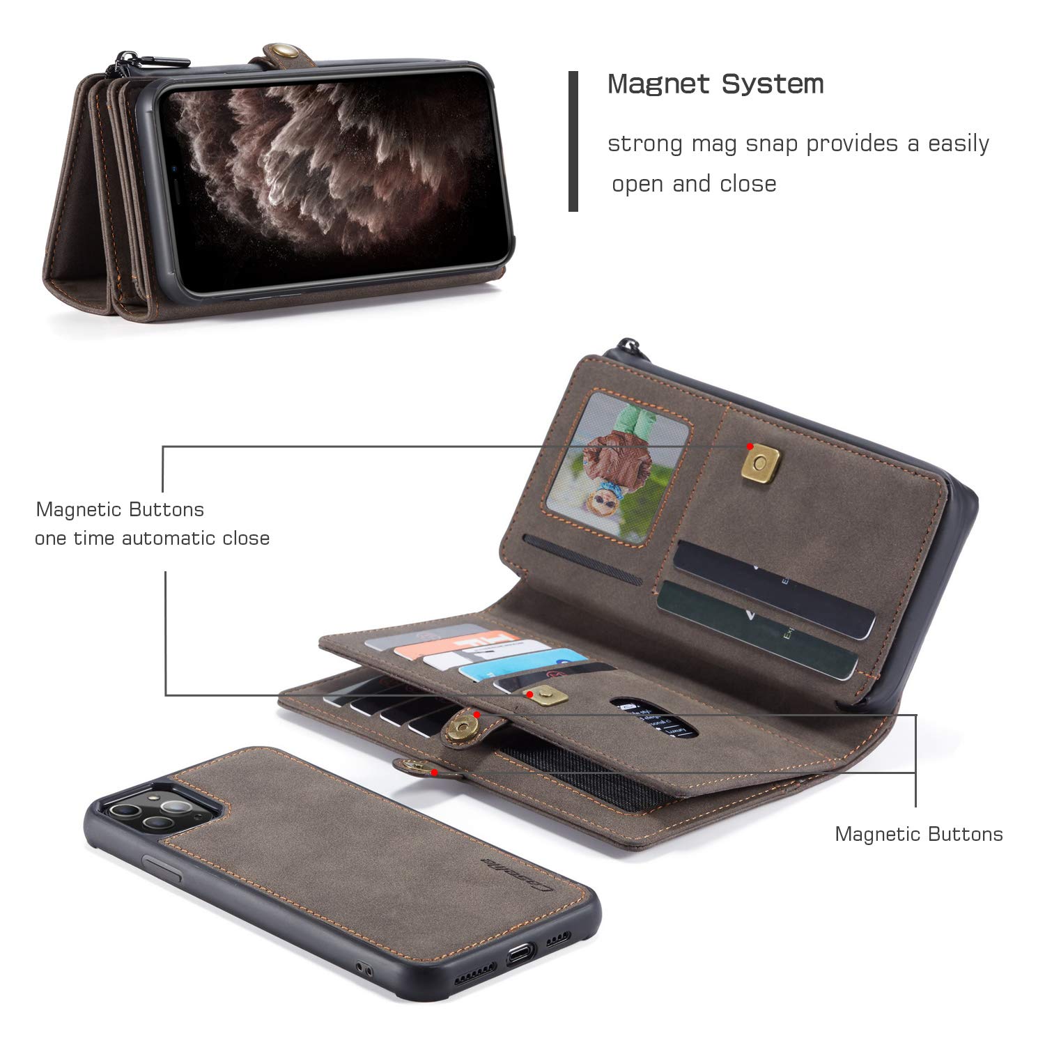 Premium Leather Wallet Case for iPhone 11 Pro Max - Detachable Magnetic Flip Cover with Zipper, 18 Card Slots & Cash Clip | RFID Protection | Wrist Strap Included | Perfect for Everyday Use, Travel & Business (Coffee)