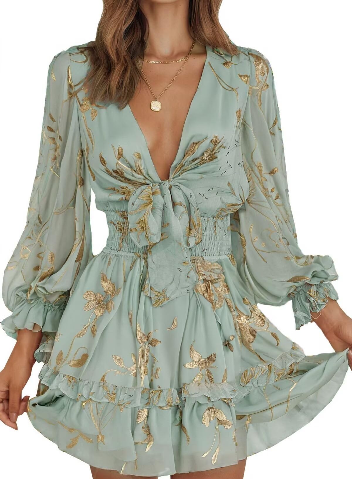 Dokotoo Women's Elegant Deep V Neck Knotted Tiered Chiffon Mini Dress - Summer Casual Skater Swing Dress for Party, Date Night & Vacation 2025