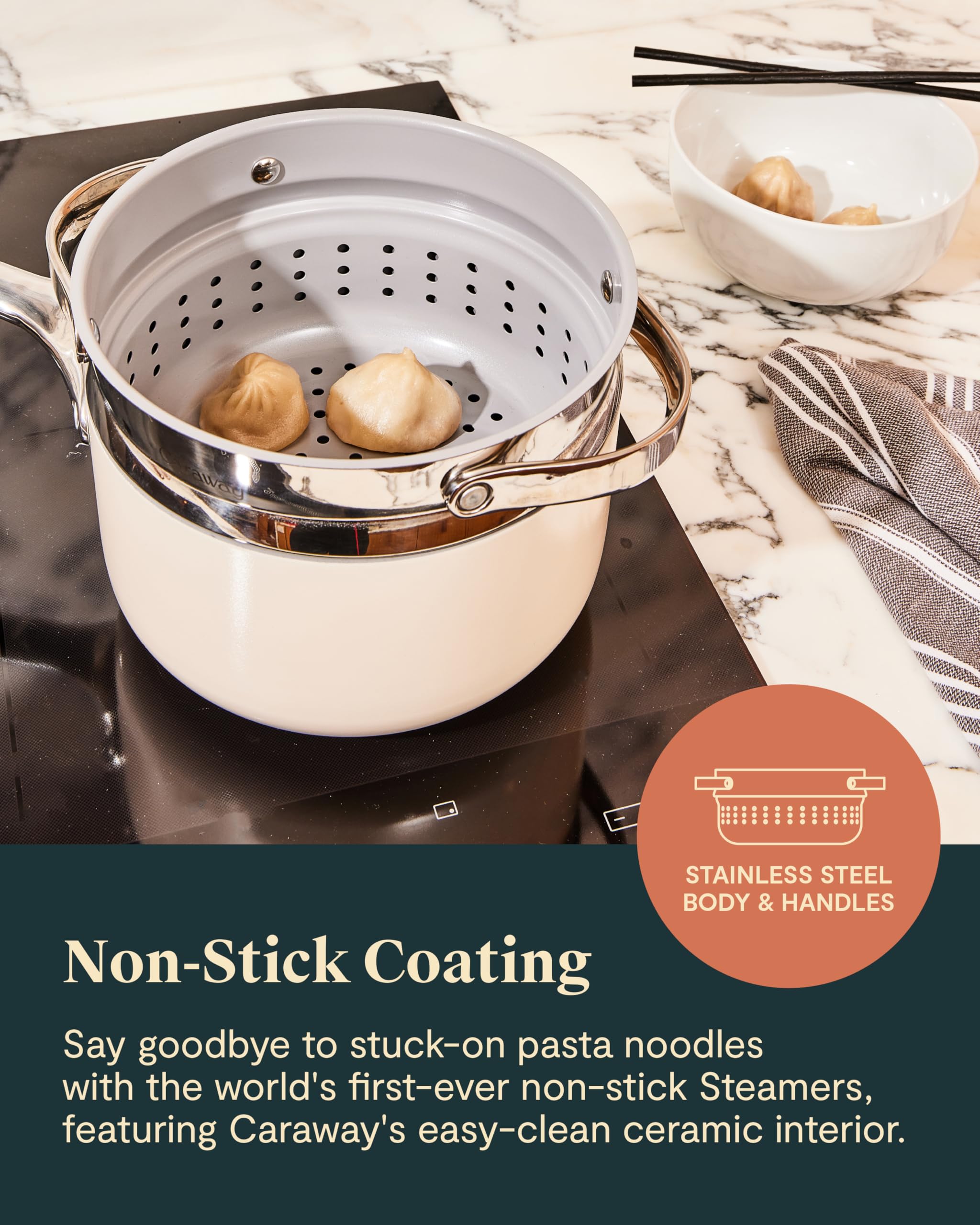 **Caraway Steamer – Stainless Steel Vegetable & Seafood Steamer with Non-Toxic Non-Stick Coating – Fits Dutch Ovens & Sauce Pans – Healthy Cooking for Veggies, Dumplings & Seafood – Perfect for Meal Prep & Family Dinners**